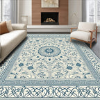 Ornate Blue Floral Medallion Cream Rug