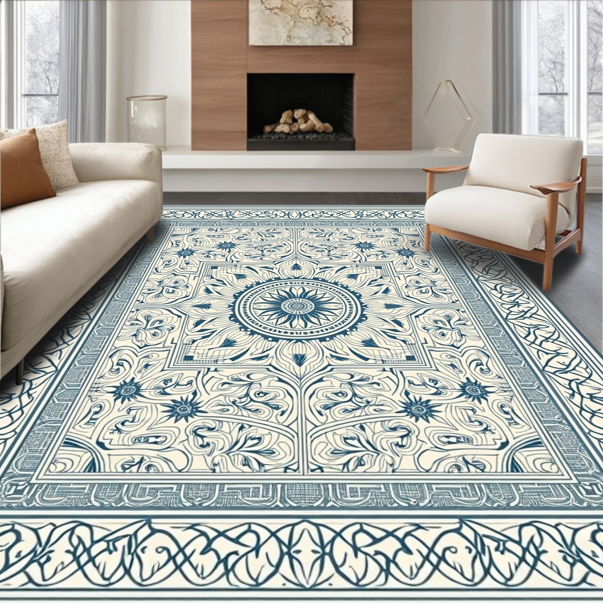 Ornate Blue Floral Medallion Cream Rug
