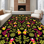 Whimsical Figures Yellow Pink Folk Art Rug