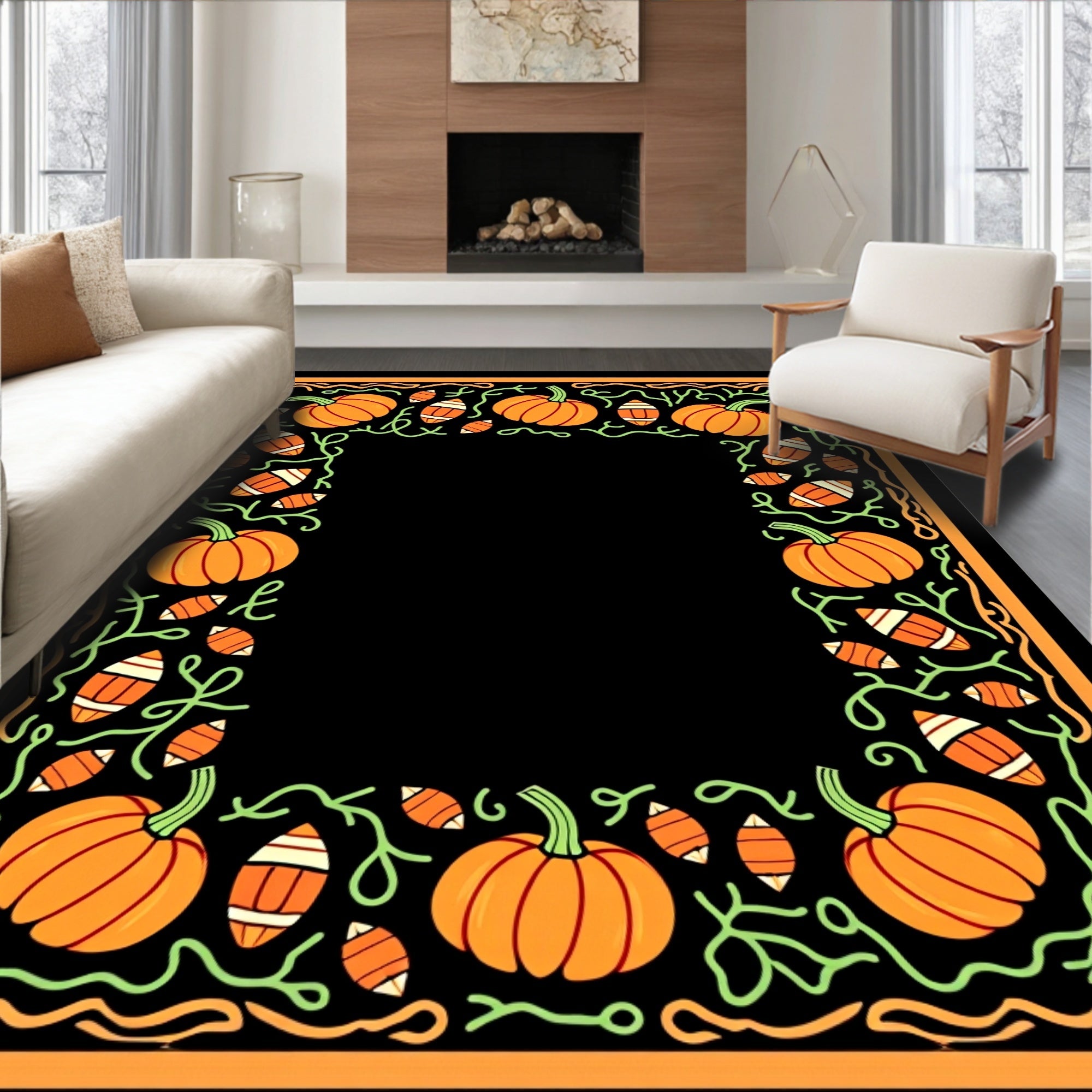 Orange Pumpkin Vine Football Border Rug