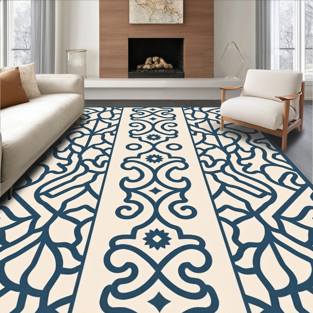 Deep Blue Filigree Scrollwork Panel Rug