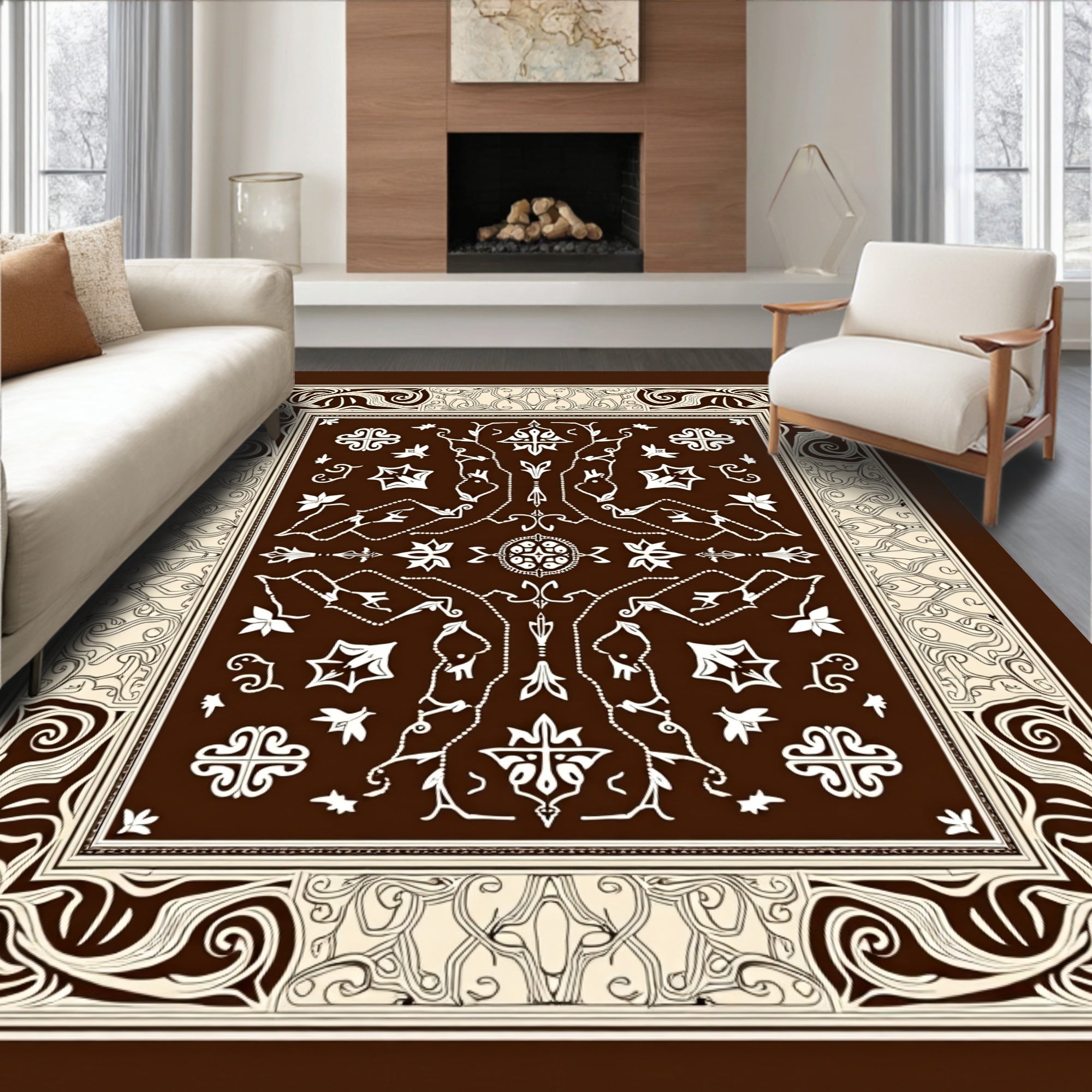 Ornate Cream Floral Brown Tapestry Rug
