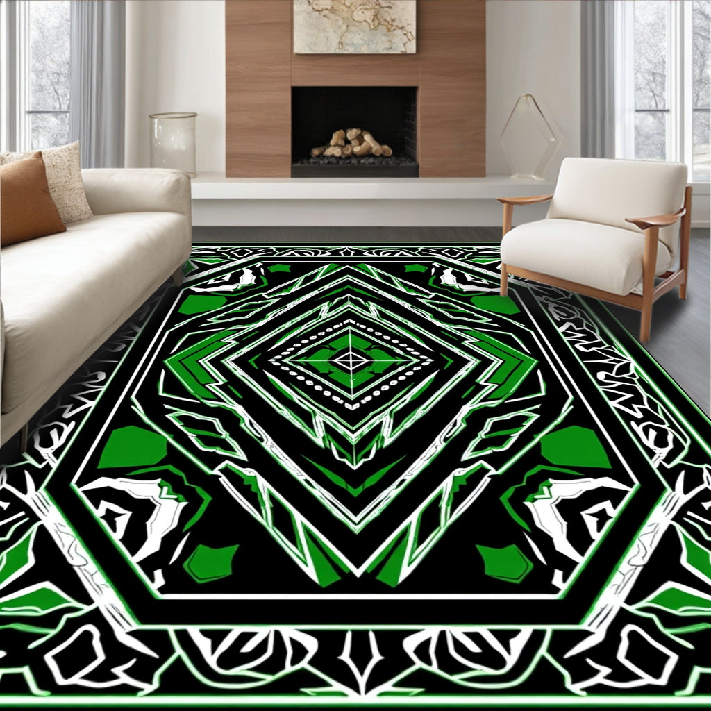 Dynamic Green and Black Geometric Diamond Rug