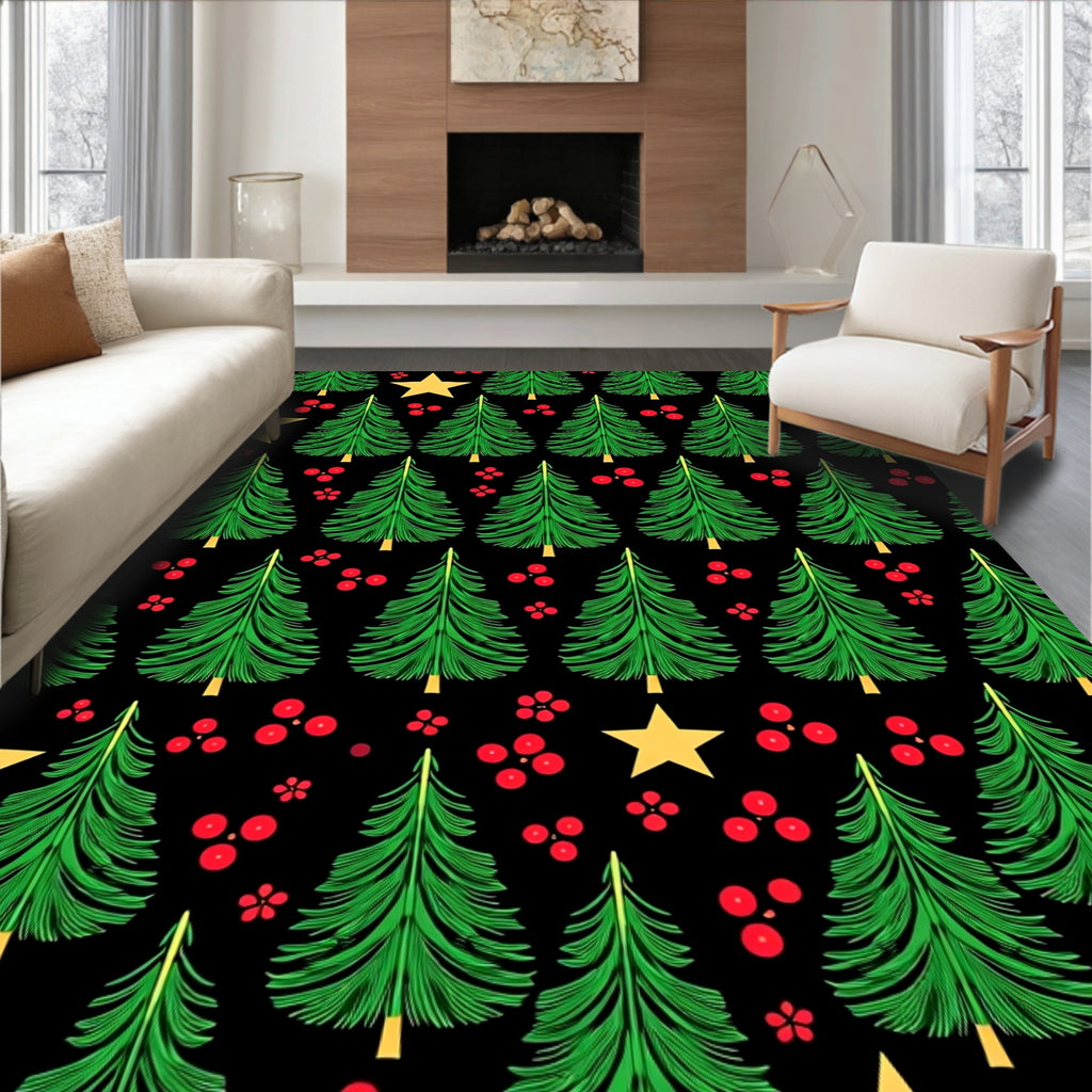 Green Christmas Trees Red Berries Stars Rug