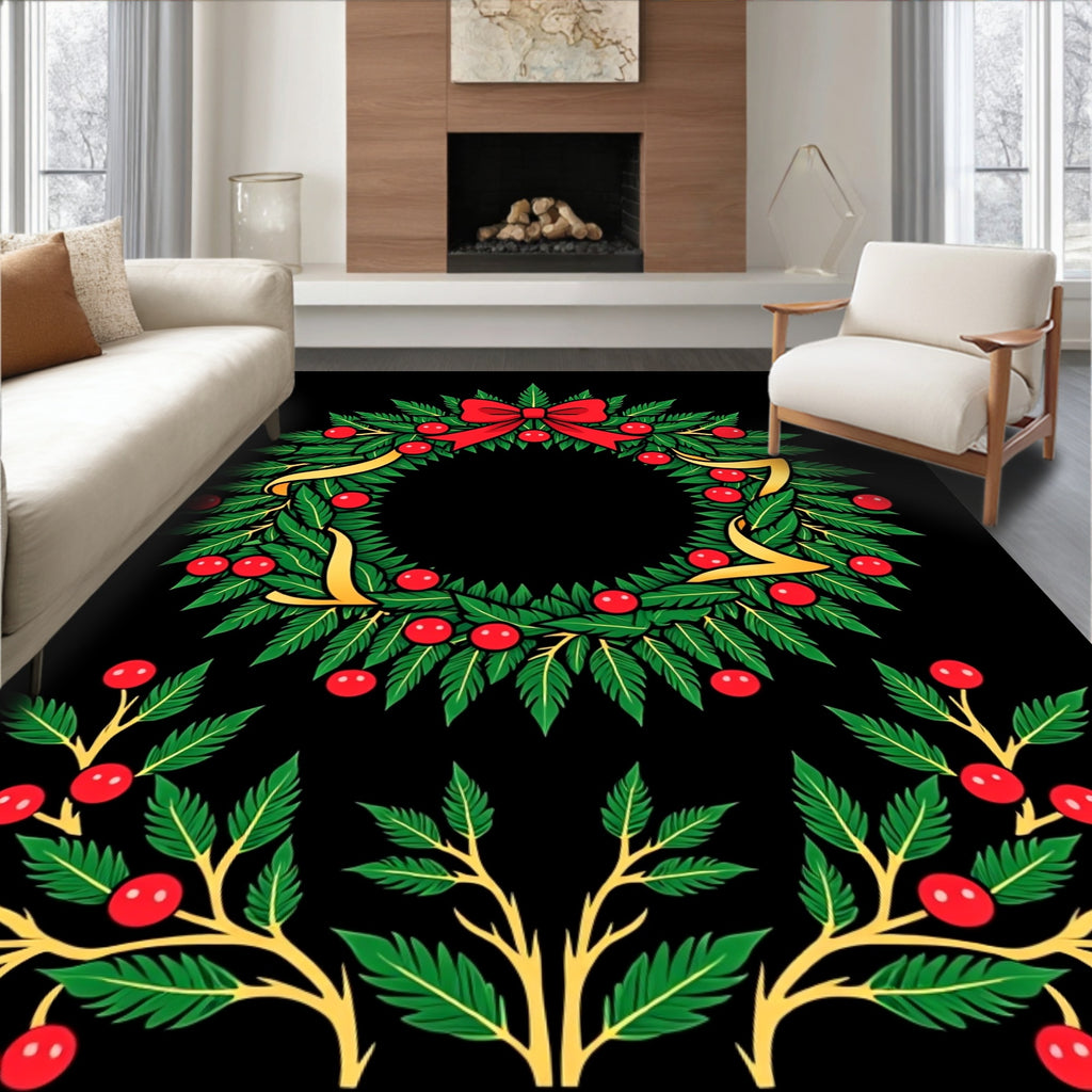 Christmas Garland Red Bow Berry Wreath Rug