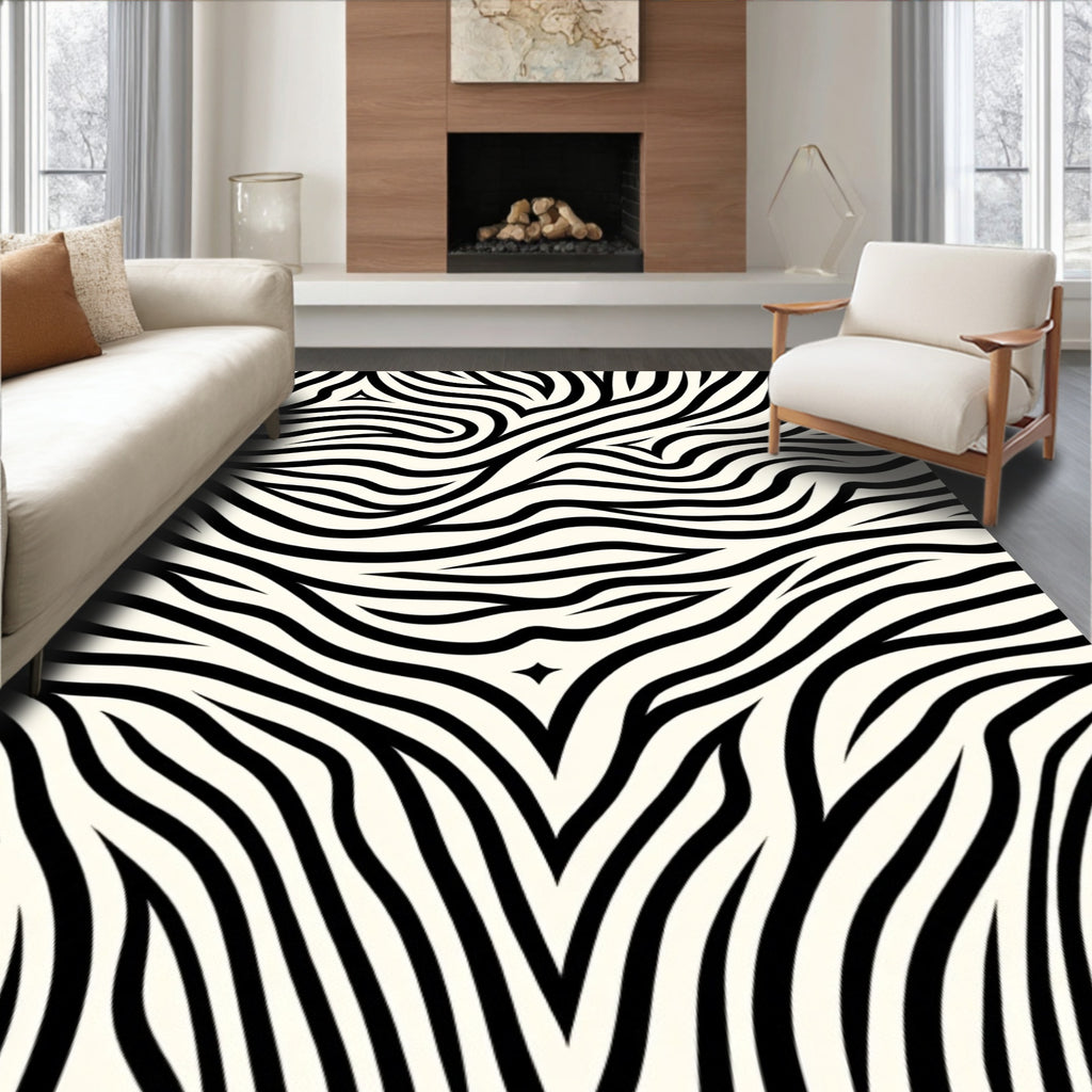 Bold Black White Curvy Striped Rug