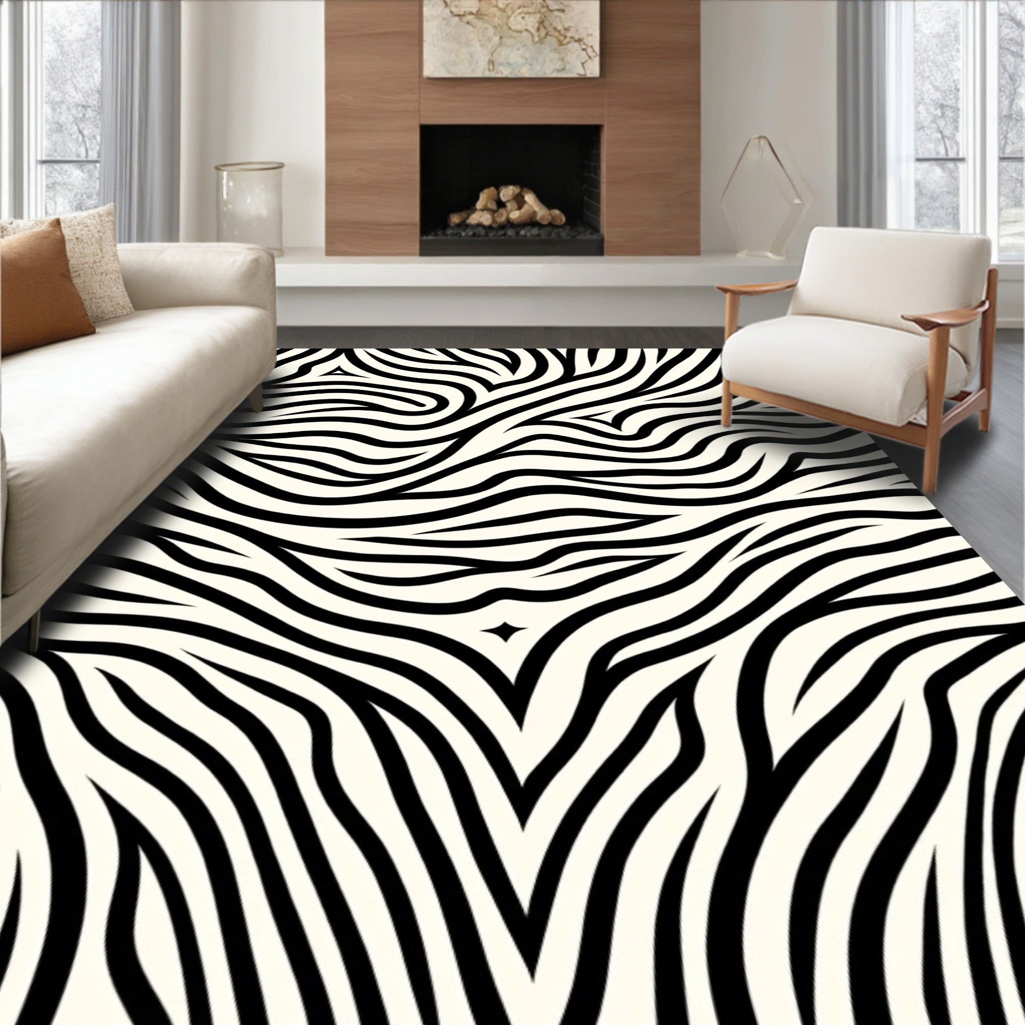 Bold Black White Curvy Striped Rug
