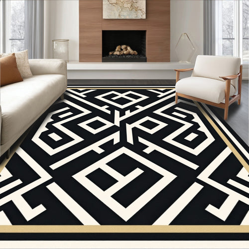 Black Geometric Maze Lines Rug
