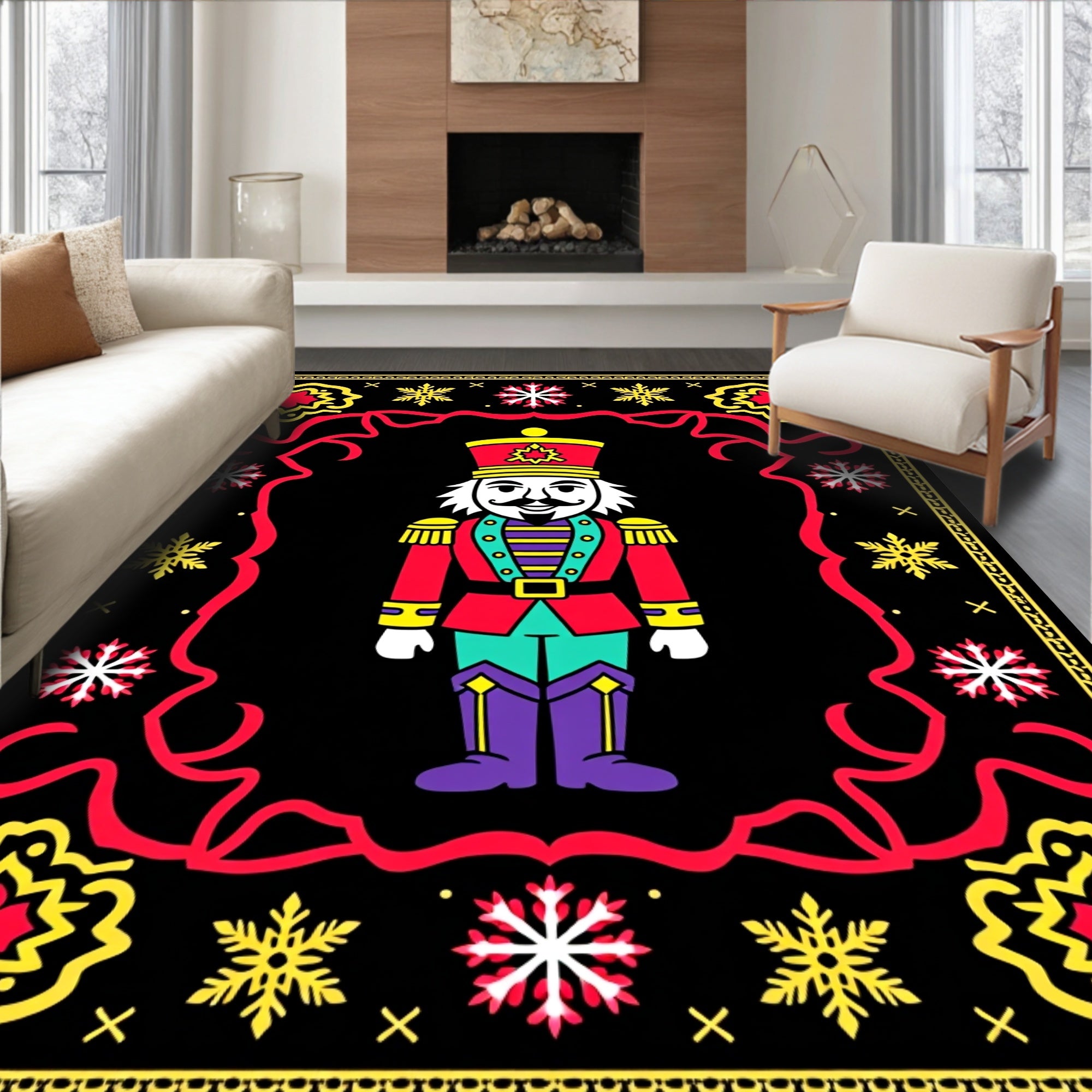 Vibrant Nutcracker Snowflake Border Rug