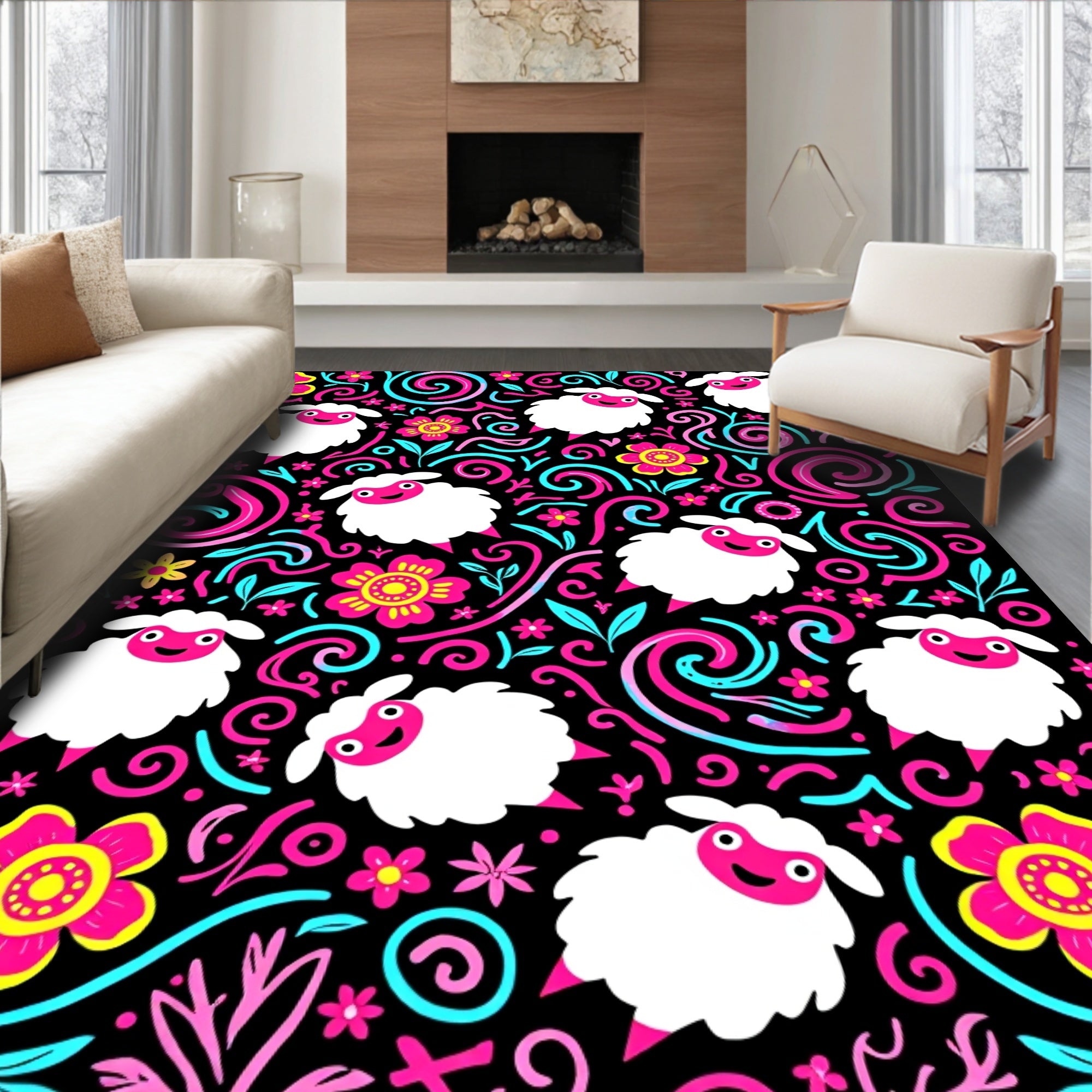 Whimsical Sheep Floral Swirl Rug