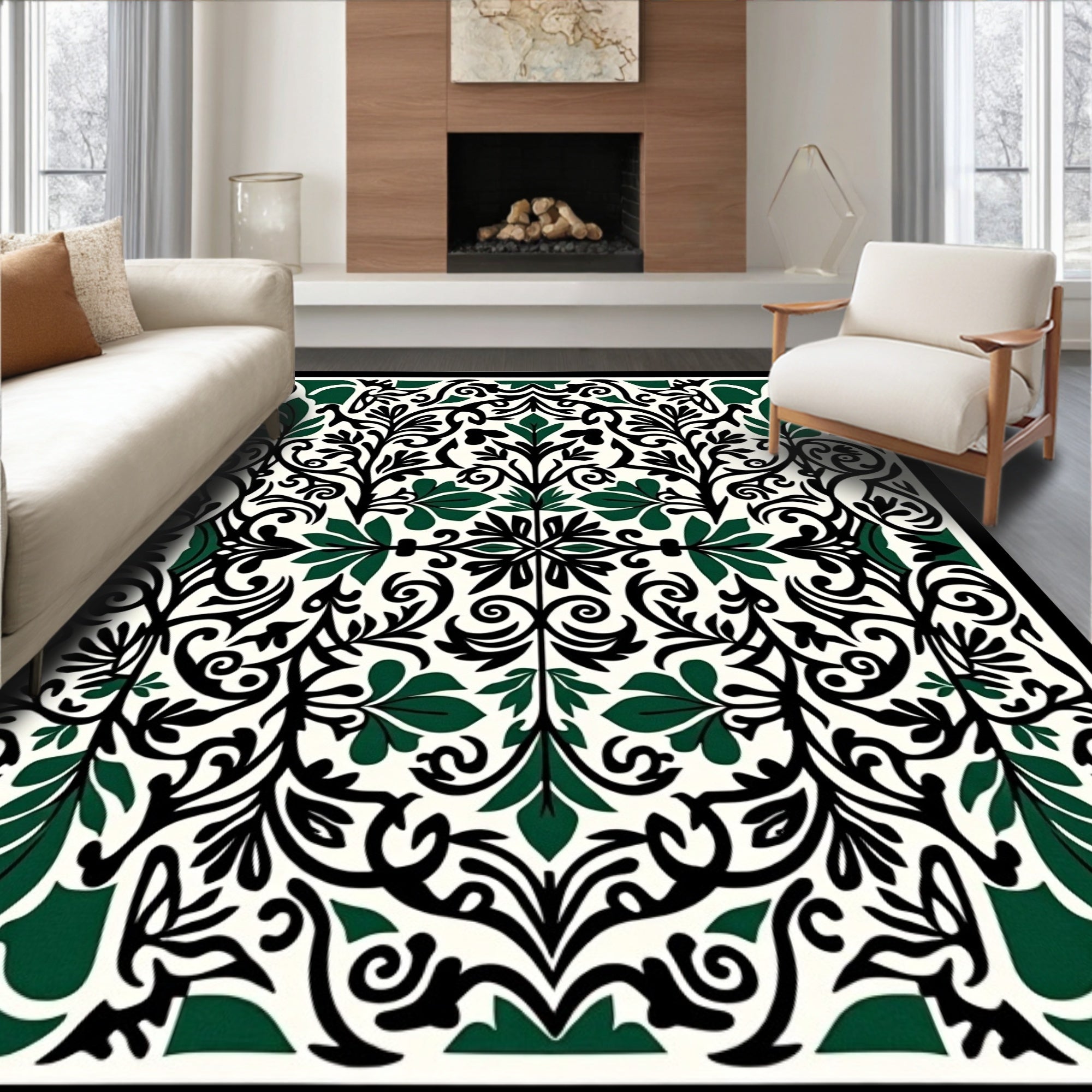 Ornate Emerald Black Floral Scroll Rug