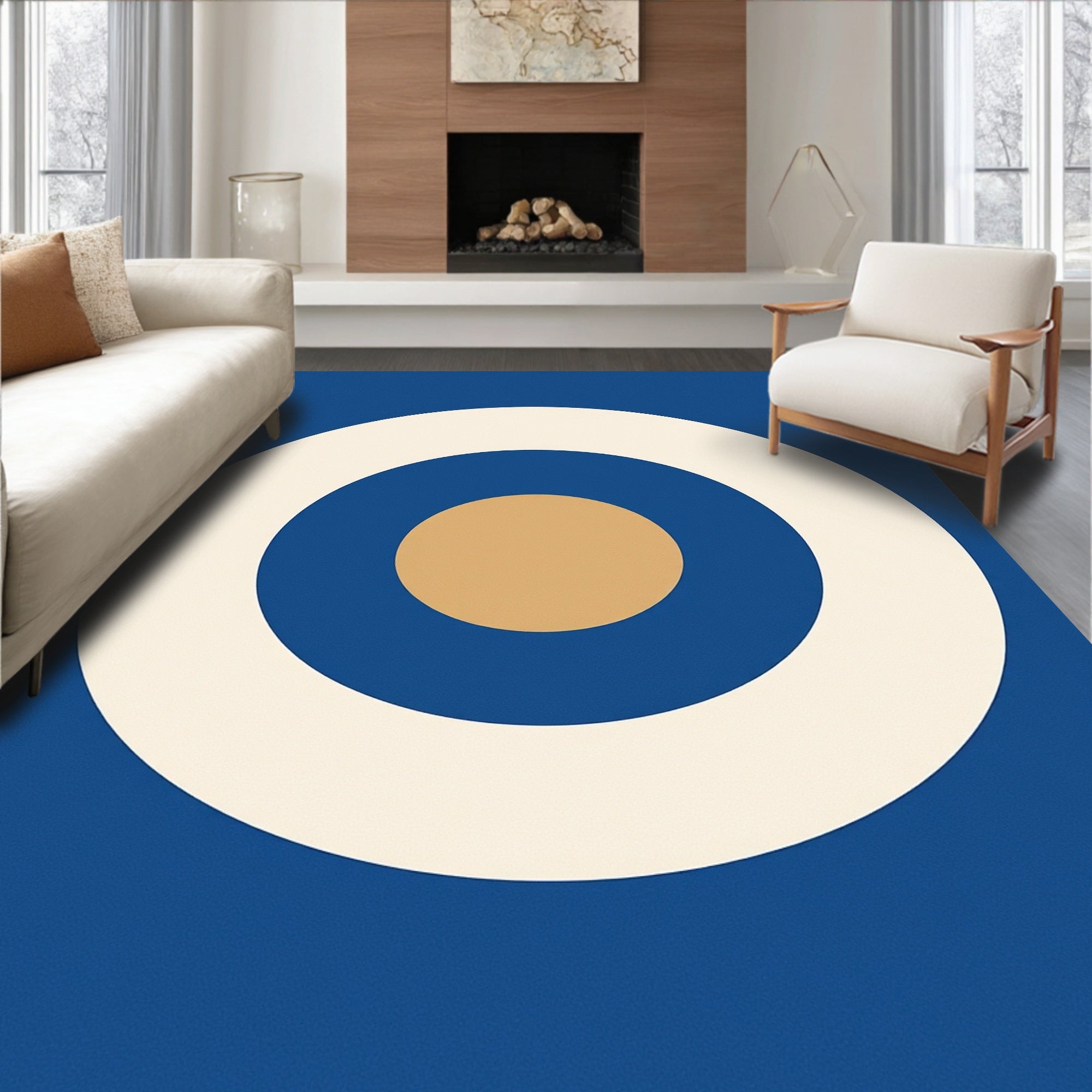 Retro Blue Ochre Concentric Circles Rug