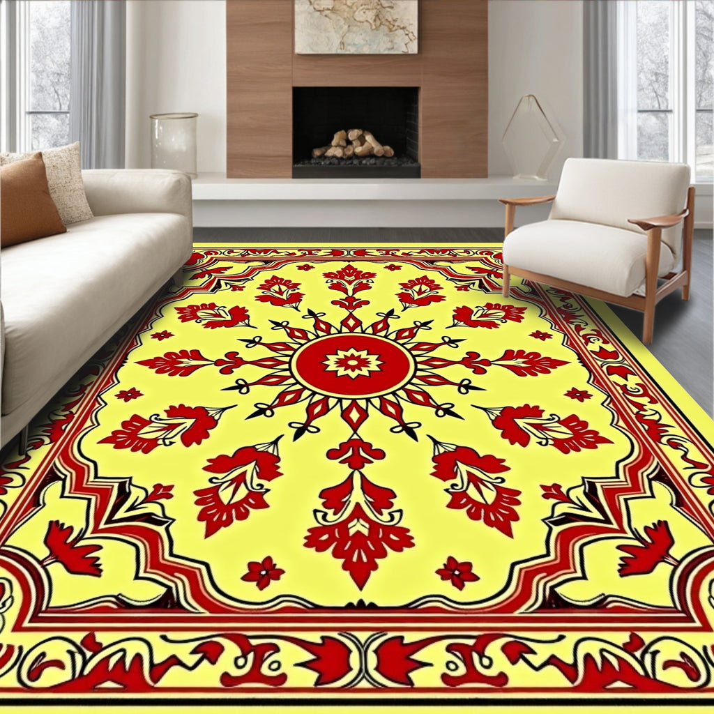 Vibrant Red Floral Sun Yellow Rug