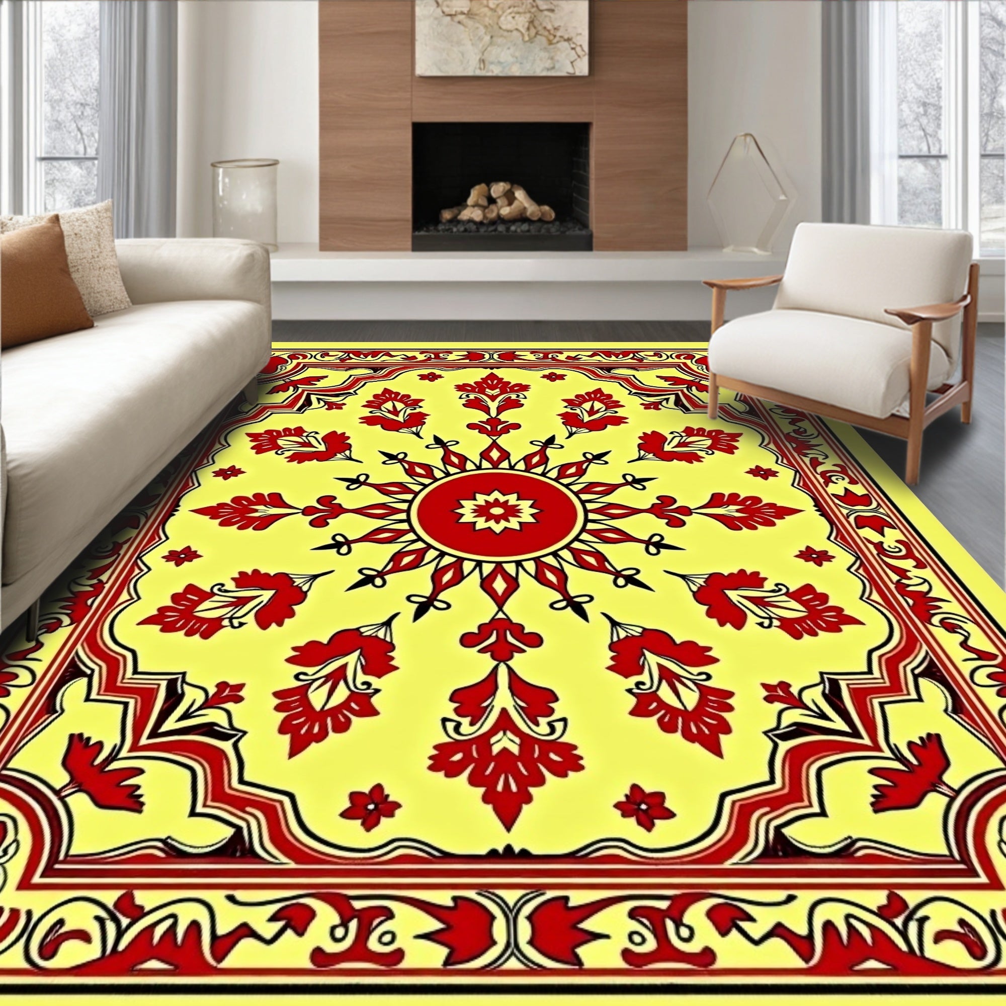 Vibrant Red Floral Sun Yellow Rug