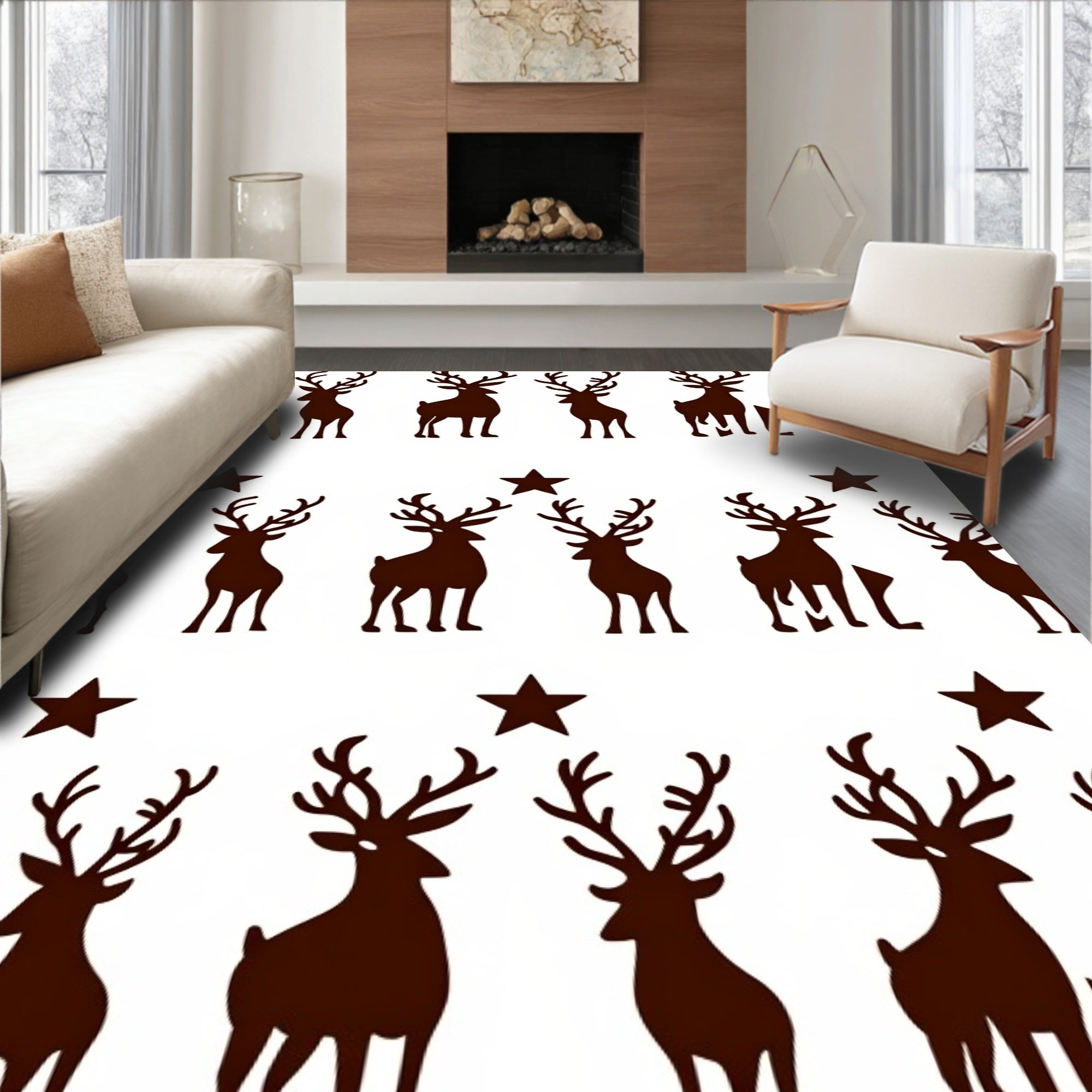 Brown Reindeer and Stars Repeating Pattern Rug