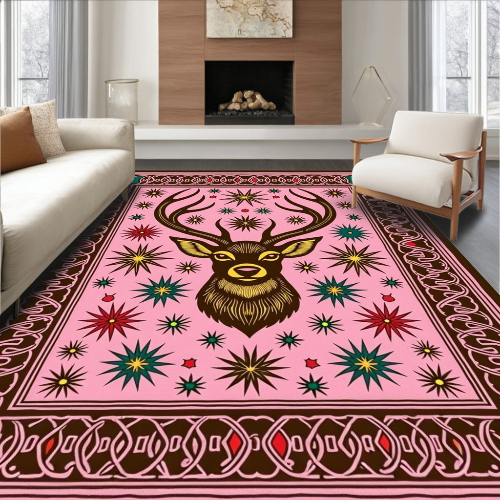 Pink Deer Stag Starburst Folk Art Rug