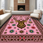 Pink Deer Stag Starburst Folk Art Rug