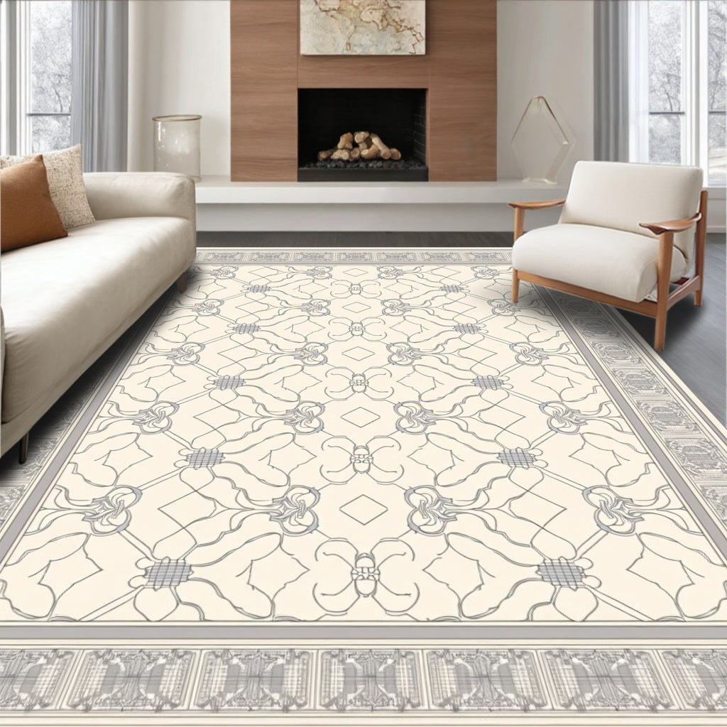 Subtle Gray Filigree Medallion Border Rug