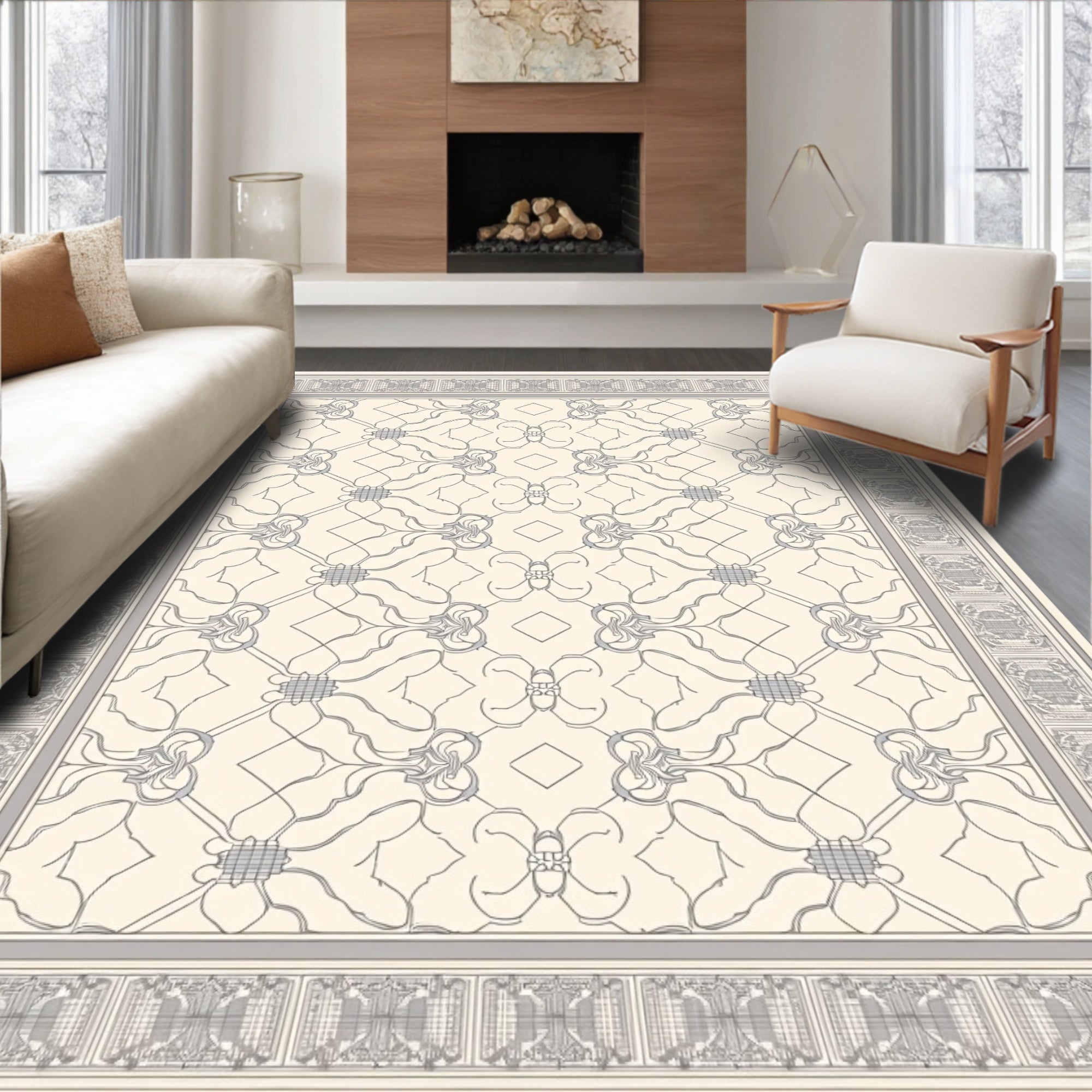 Subtle Gray Filigree Medallion Border Rug