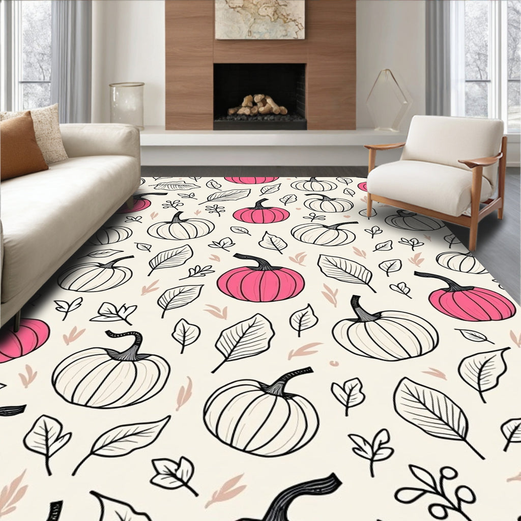 Bold Pink Pumpkin Leafy Fall Motif Rug