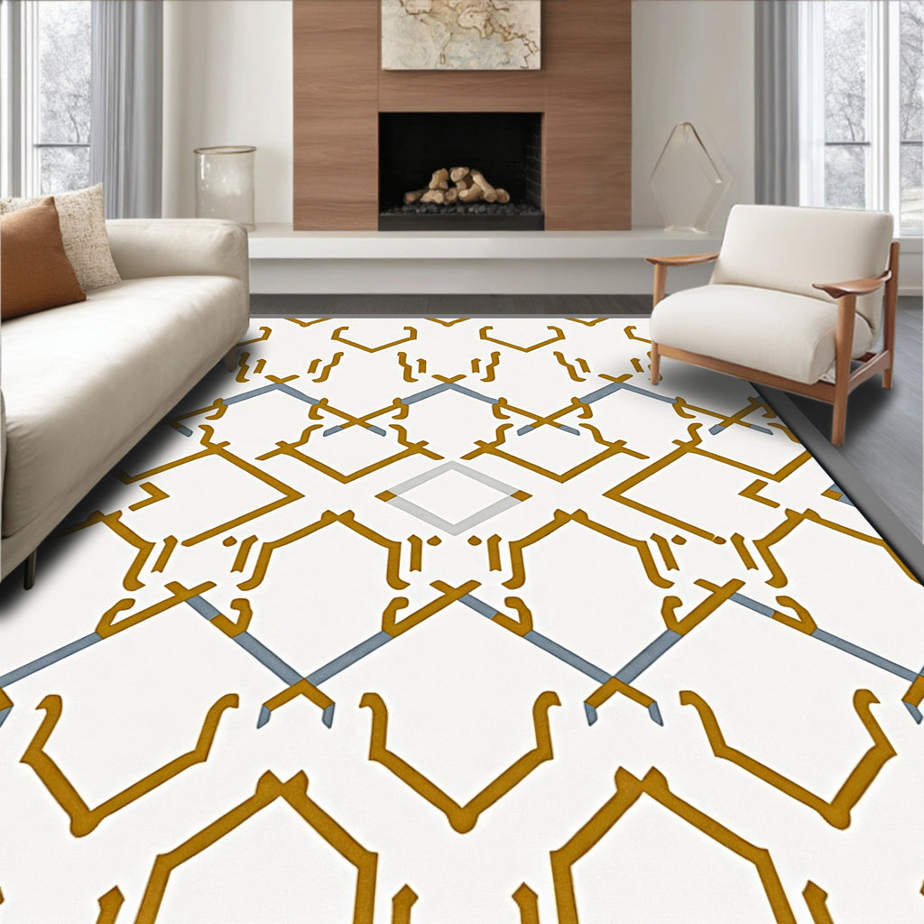 Golden Blue Geometric Lattice Rug