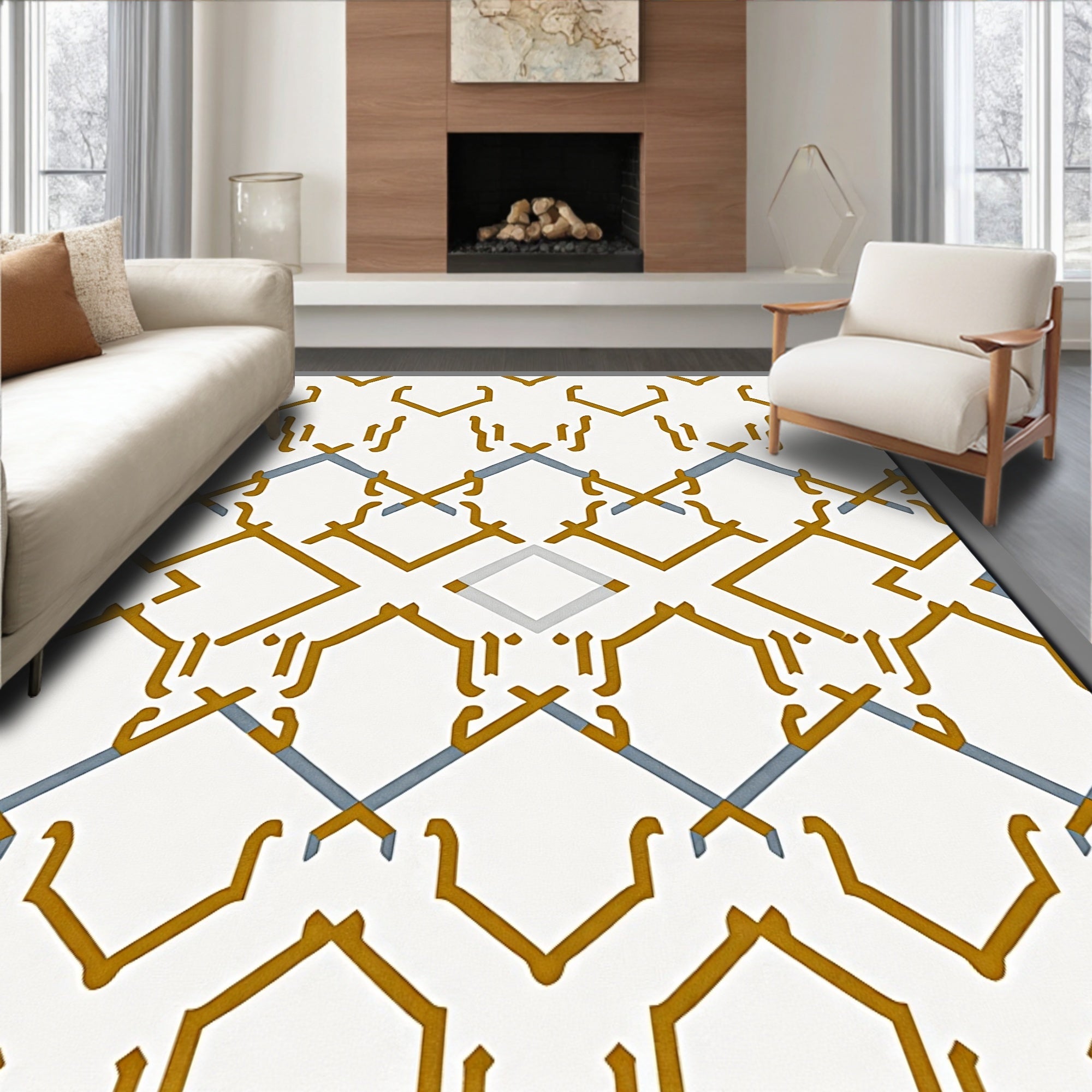 Golden Blue Geometric Lattice Rug