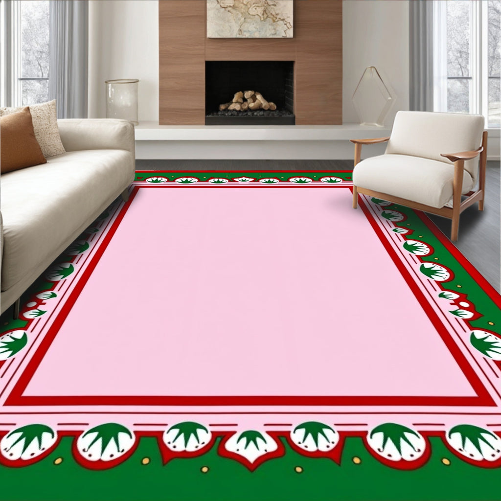 Red Green Floral Border Pink Center Rug