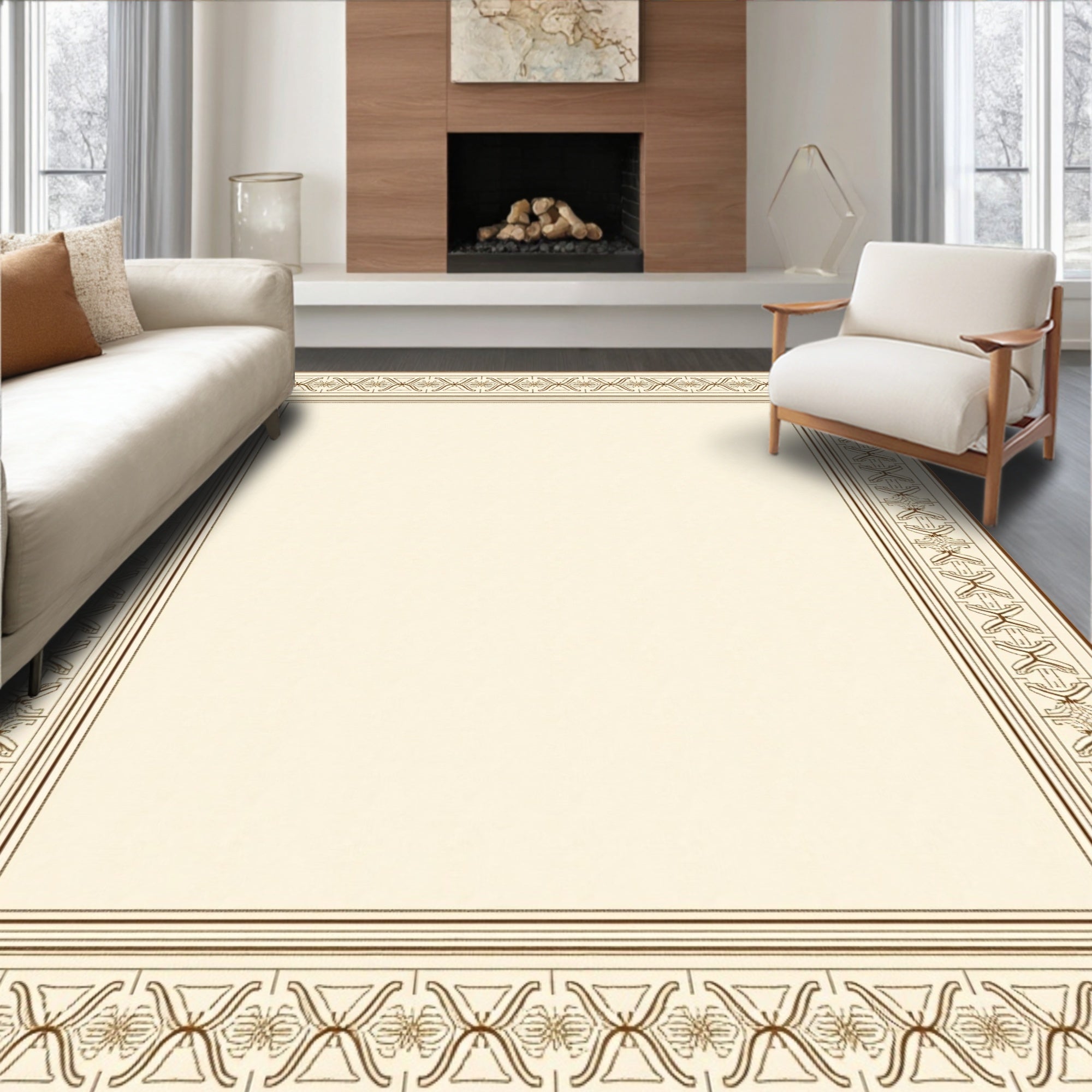 Ornate Cream Brown Geometric Border Rug