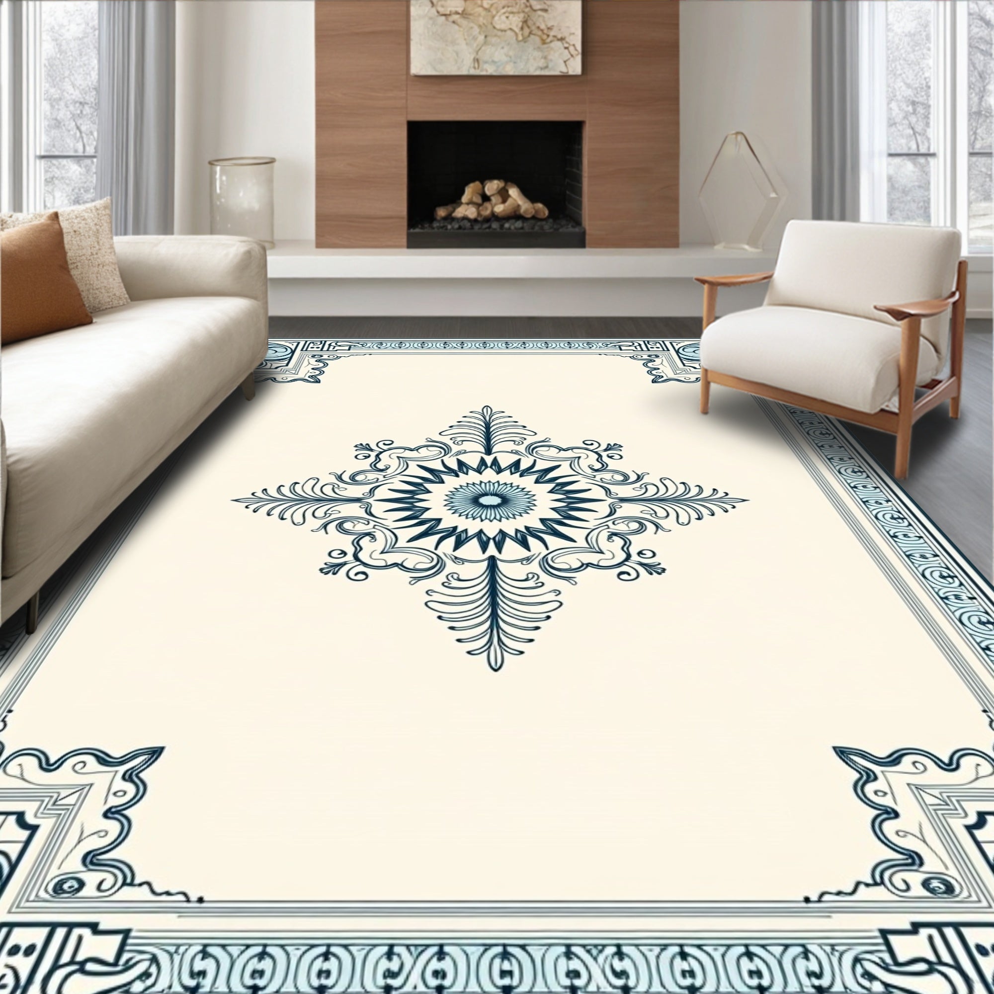Vintage Navy Floral Medallion Border Rug