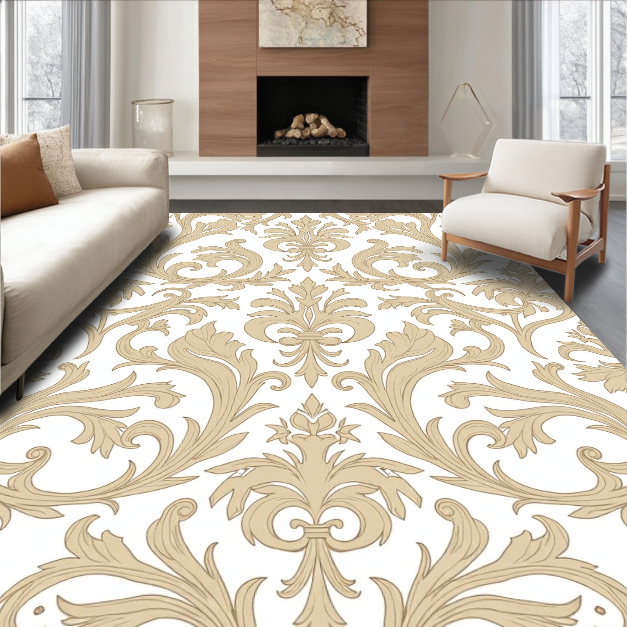 Elegant Beige Floral Scrollwork Rug