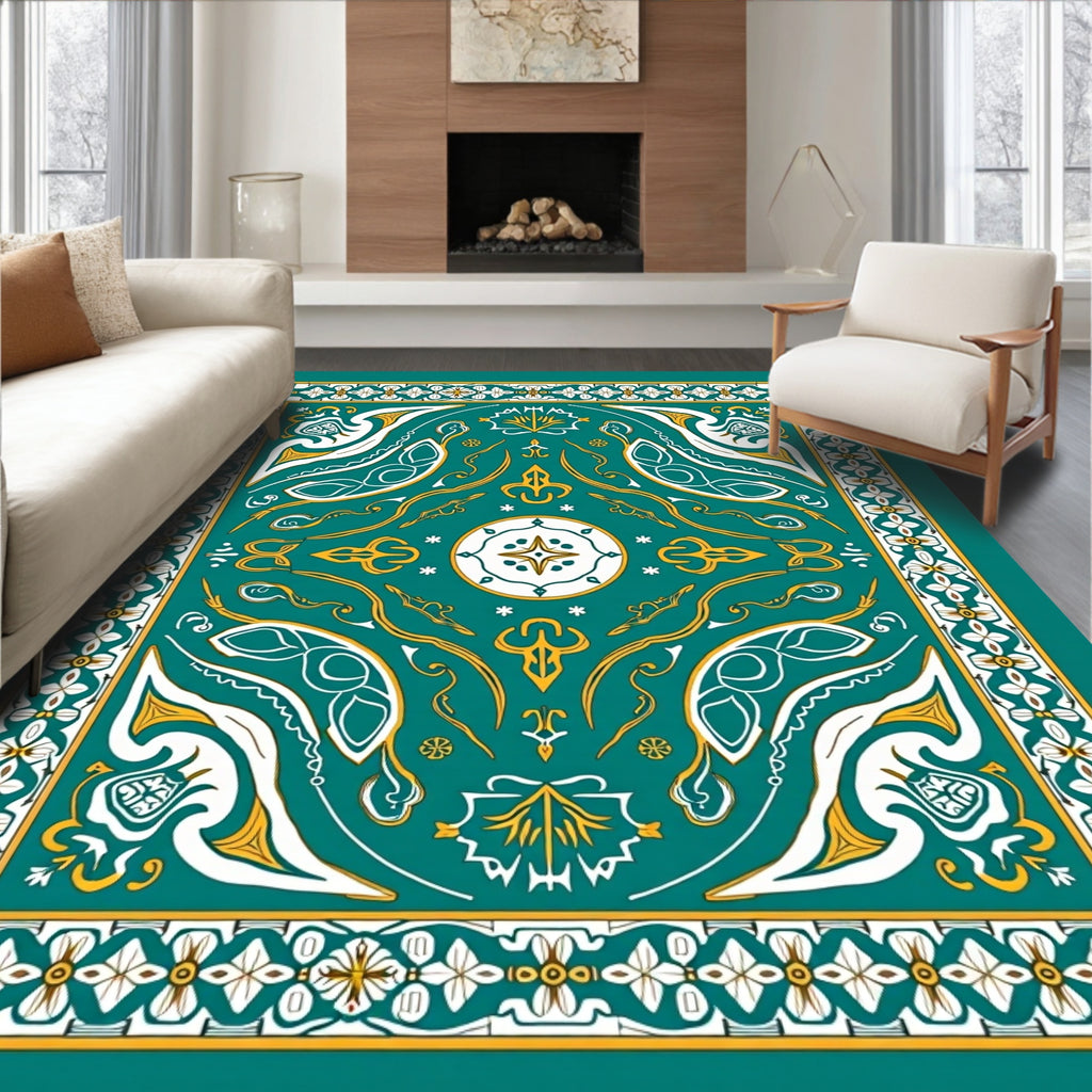 Emerald Gold White Geometric Medallion Art Rug