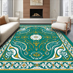 Emerald Gold White Geometric Medallion Art Rug