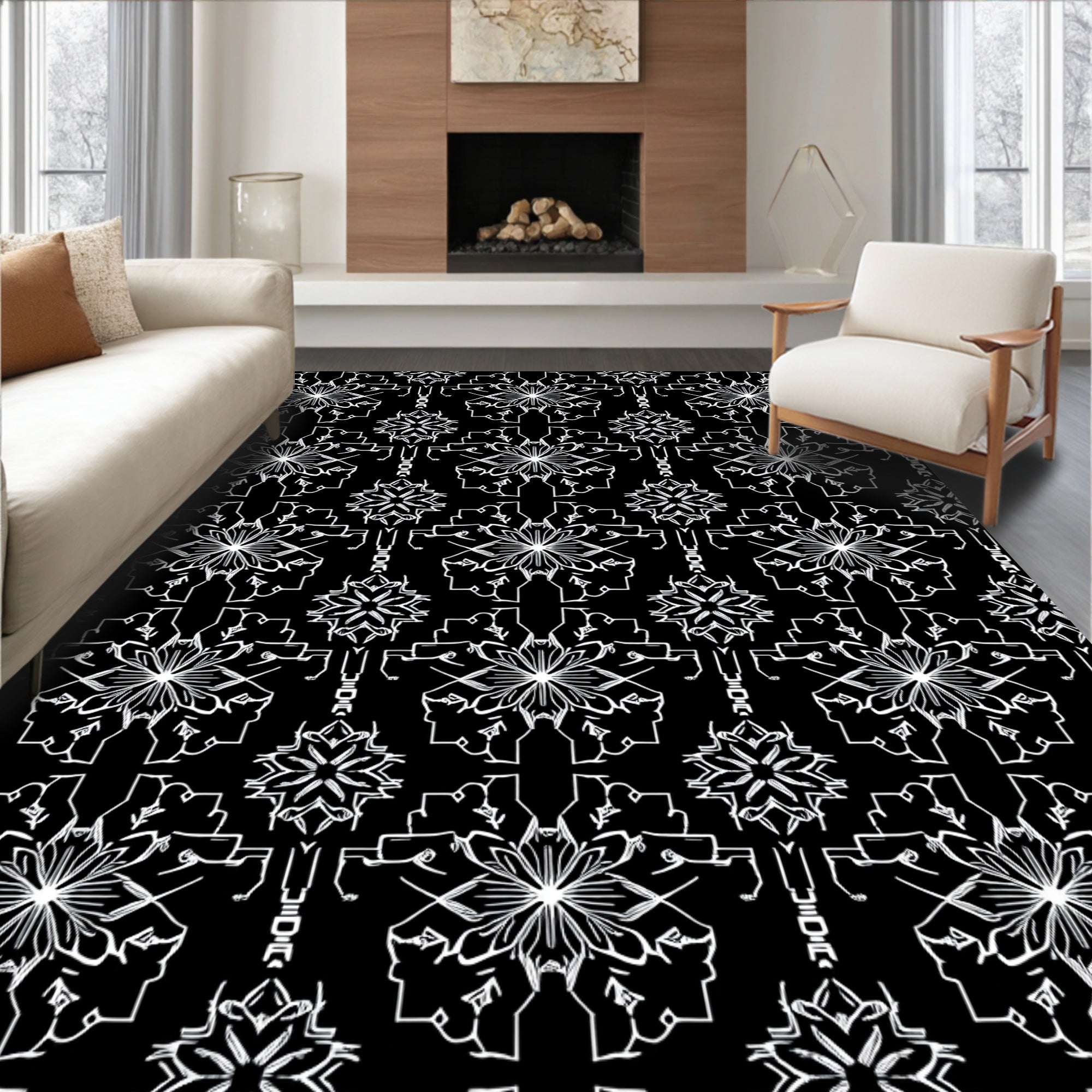 White Ornamental Starburst Black Background Rug