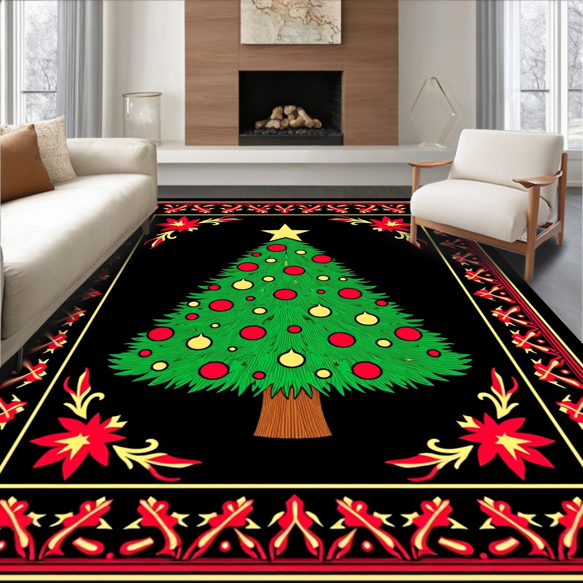 Green Christmas Tree Red Yellow Border Rug