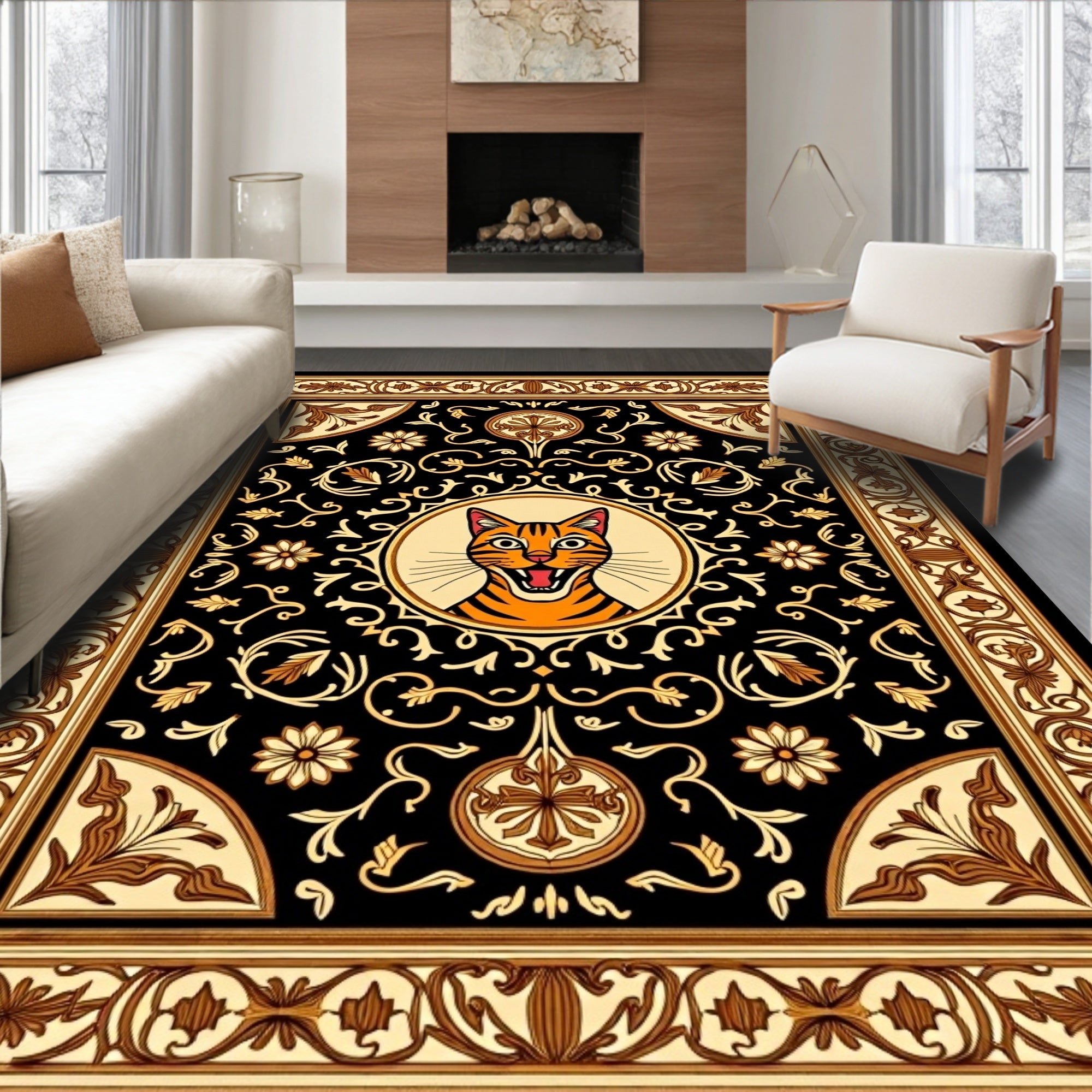 Dramatic Tiger Face Black Gold Floral Rug
