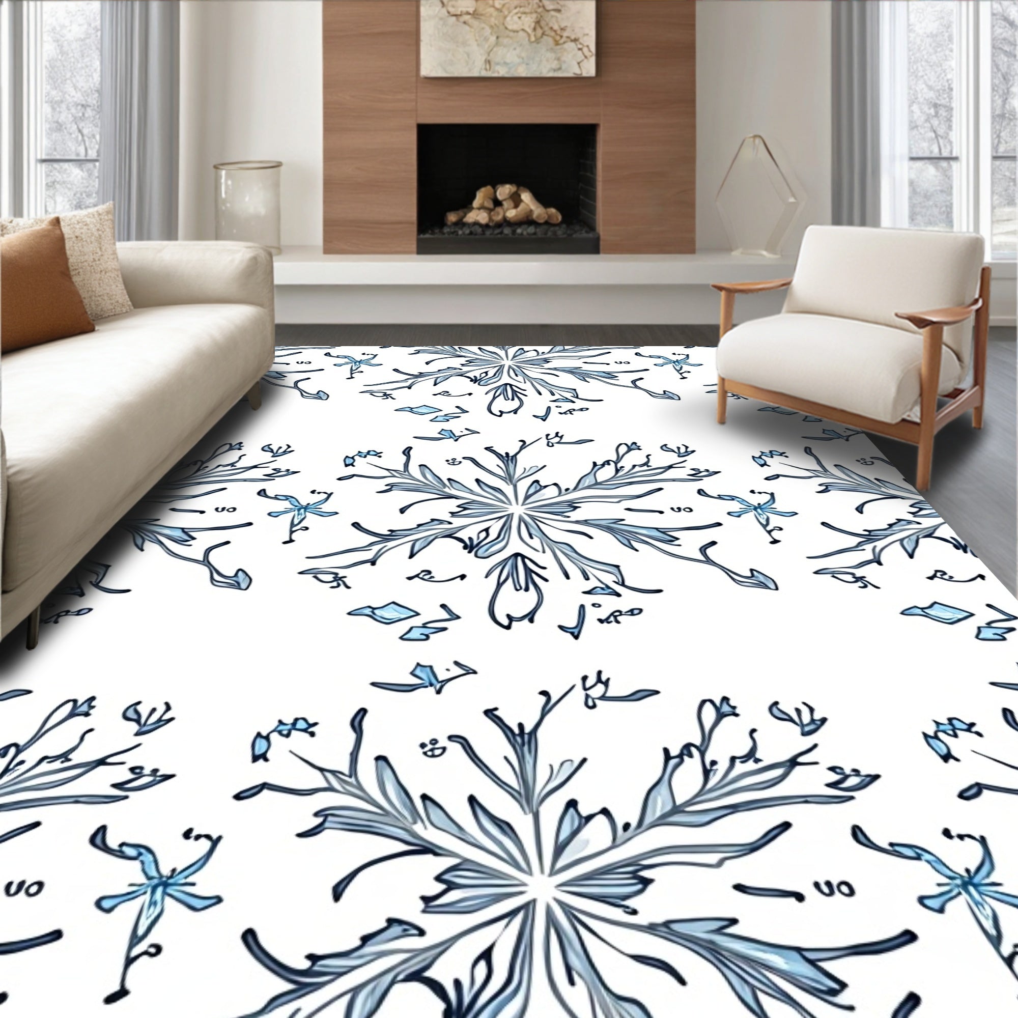 Drawn Blue Snowflake Mandala Art Rug