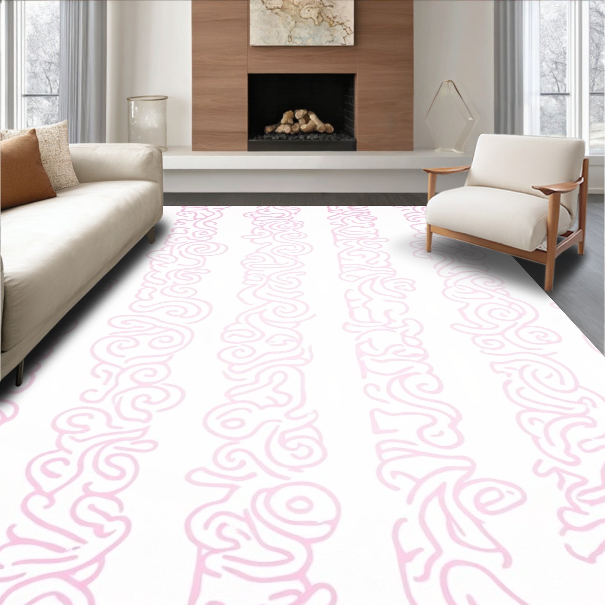 Dainty Pink Scrollwork Vertical Stripe Rug