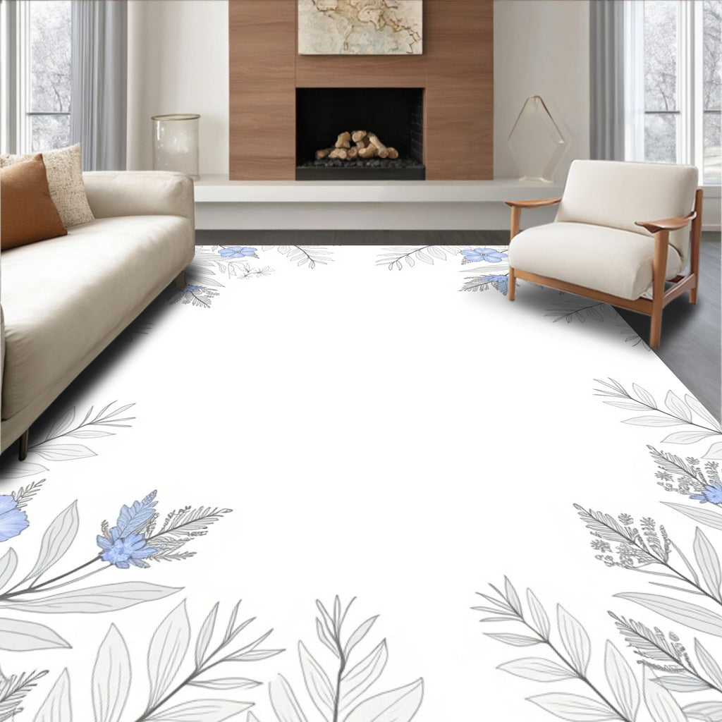 Gentle Blue Floral Outline Branches Rug