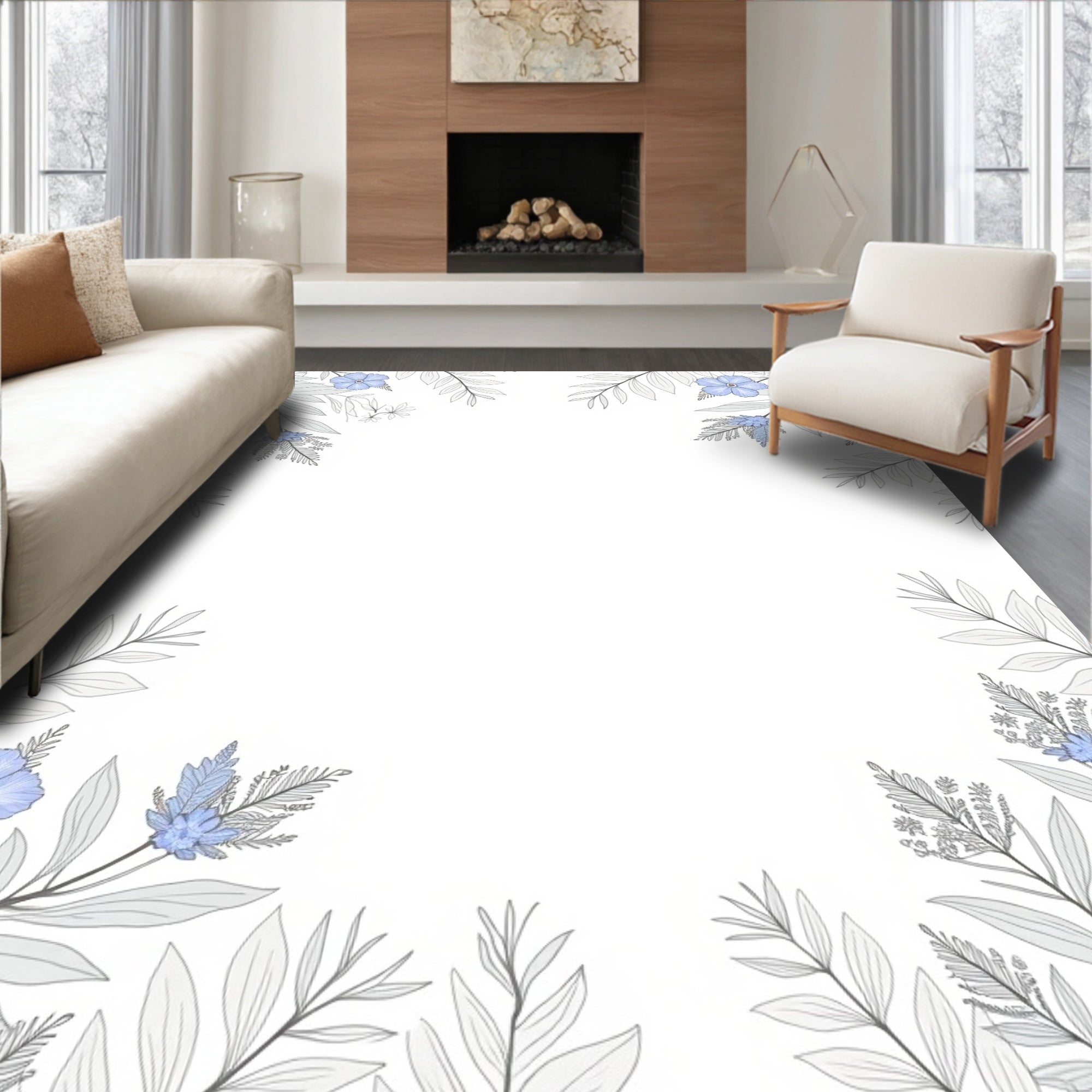 Gentle Blue Floral Outline Branches Rug