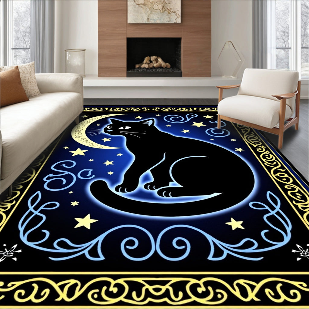 Cosmic Black Cat Moon Night Rug