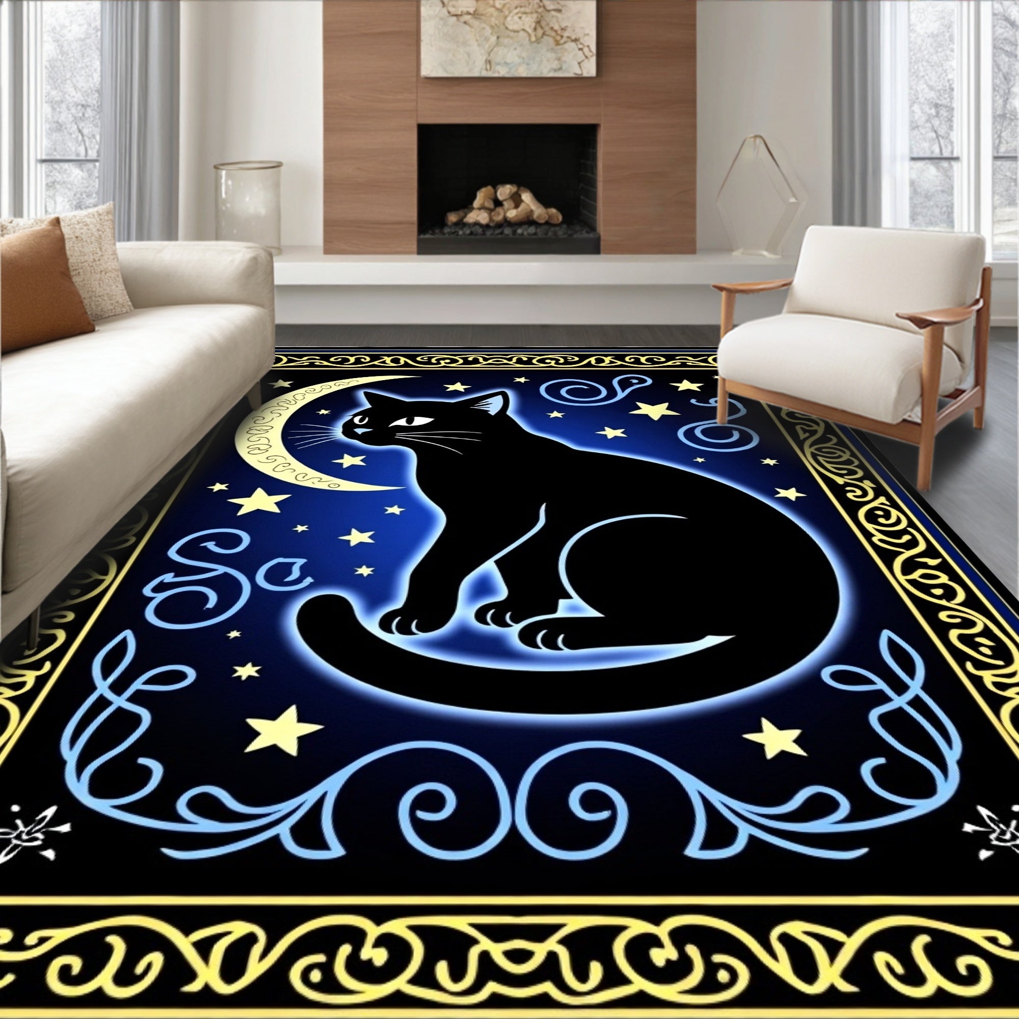 Cosmic Black Cat Moon Night Rug