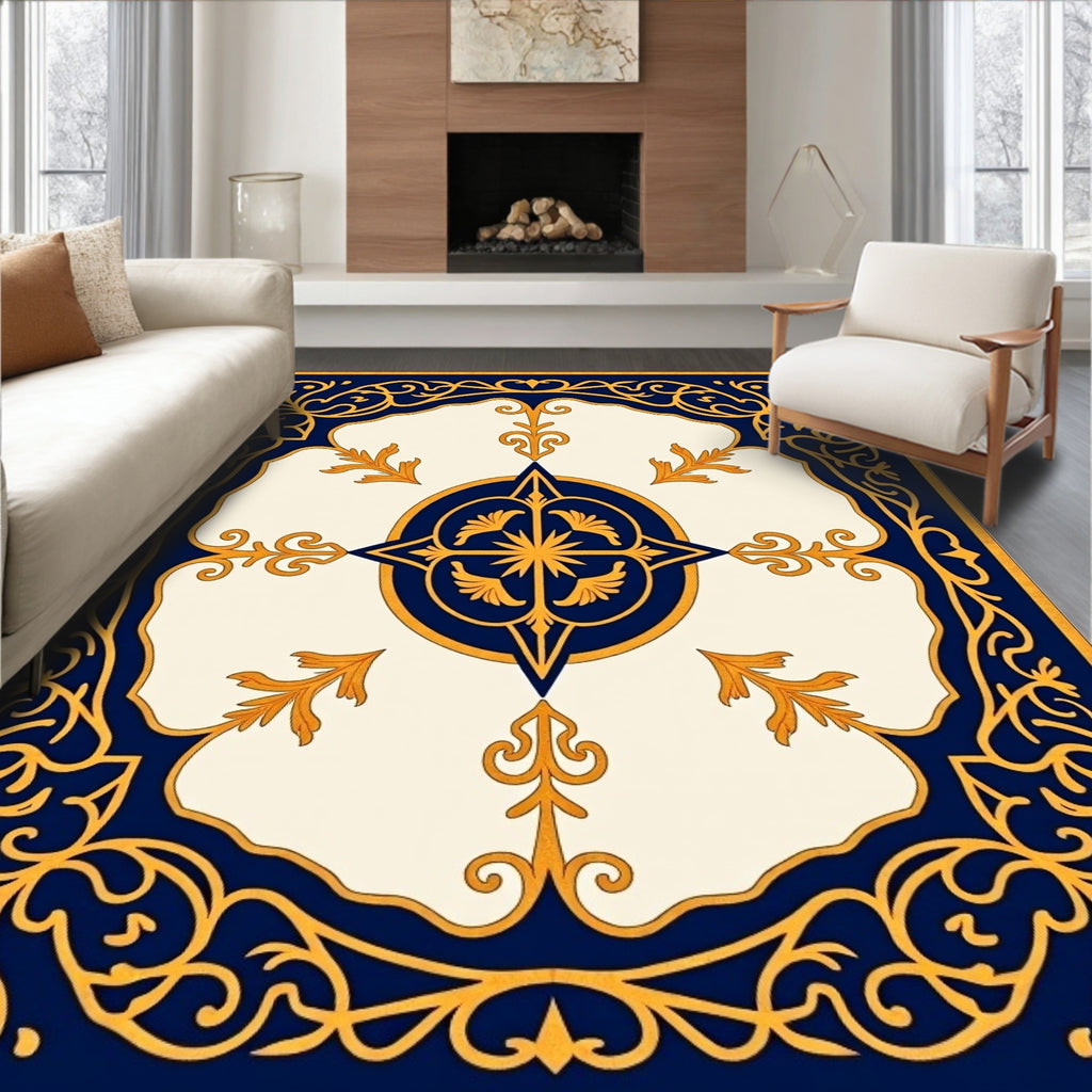 Gold Blue Ornate Medallion Center Rug
