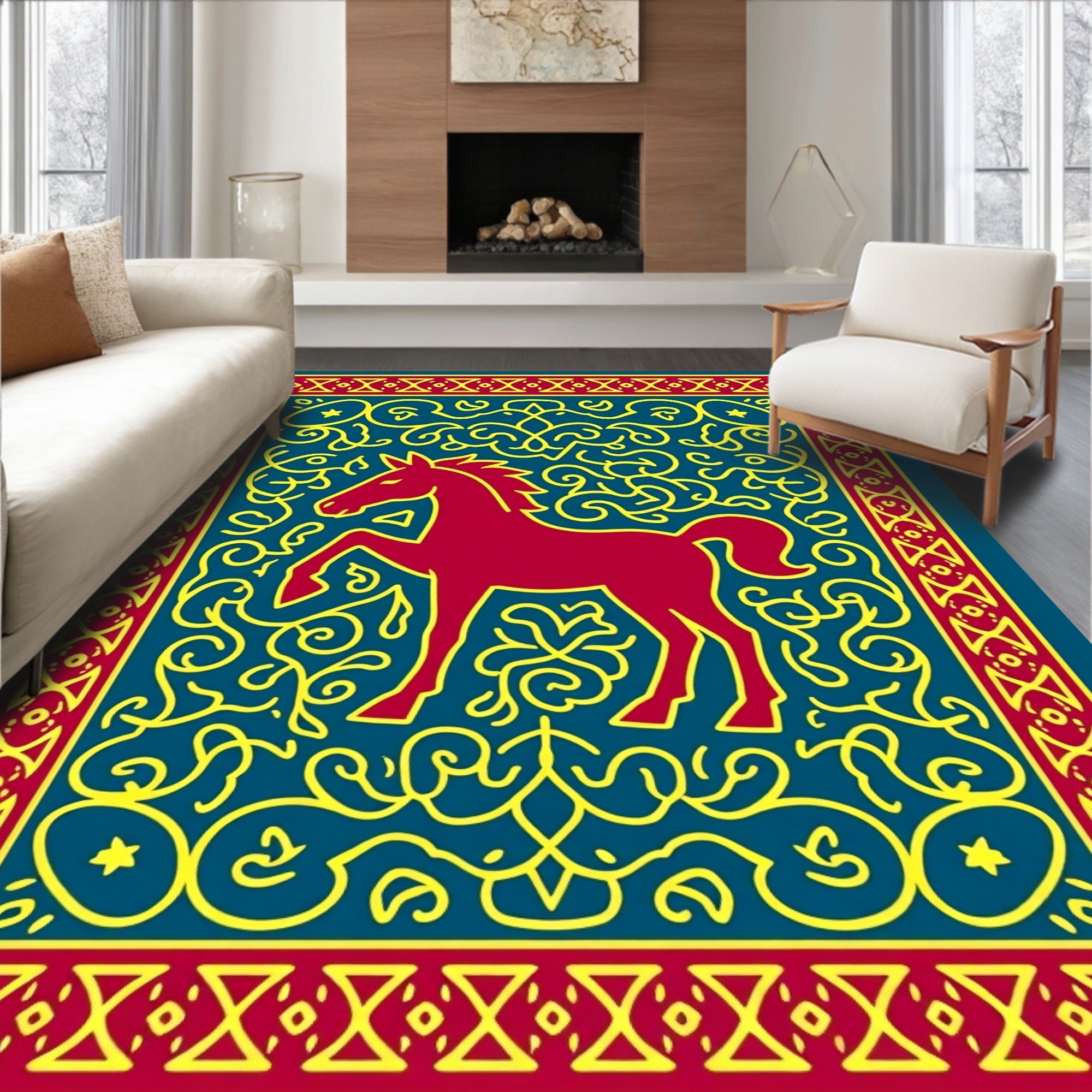 Crimson Horse With Yellow Swirls Rug