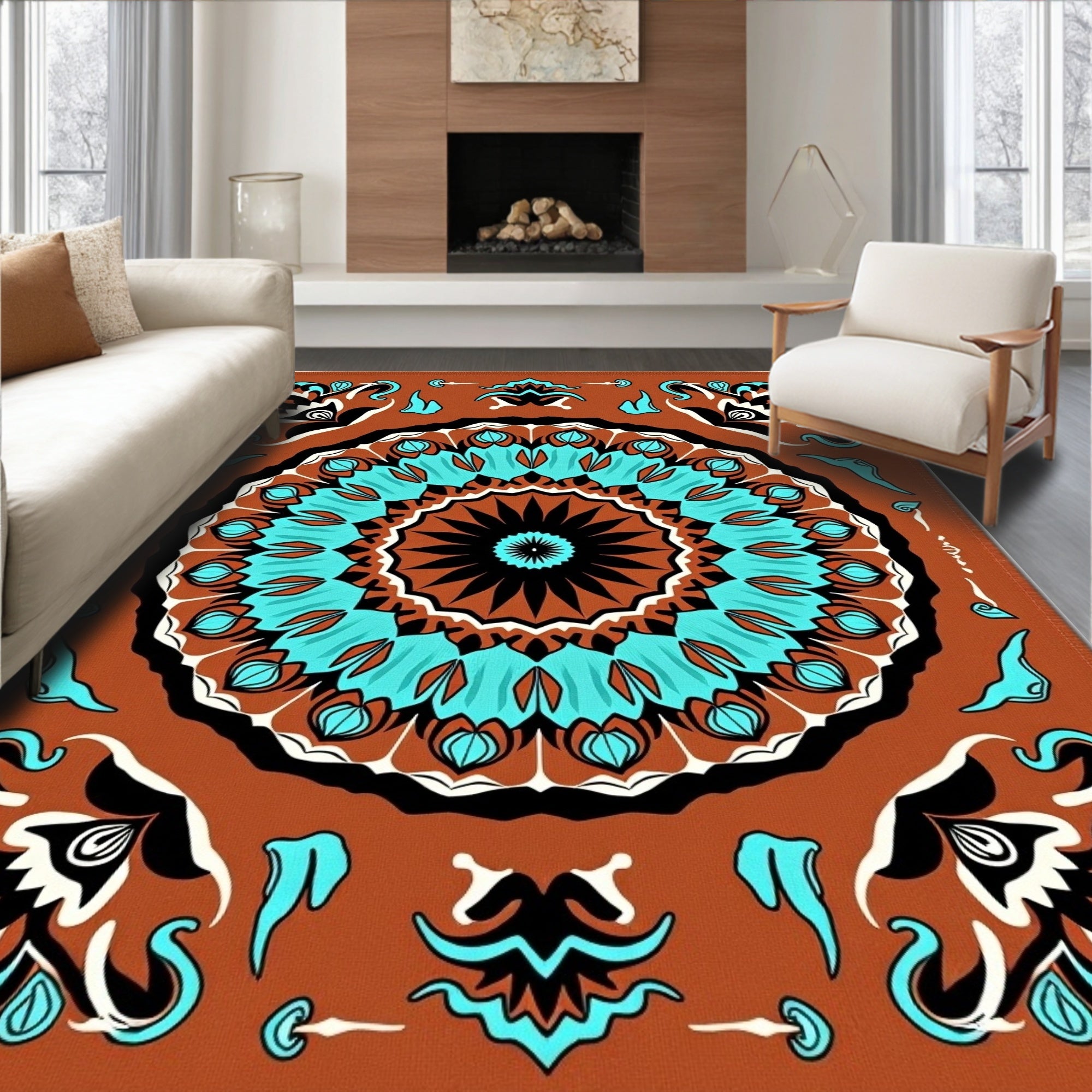 Sunburst Turquoise Medallion Terra Cotta Rug