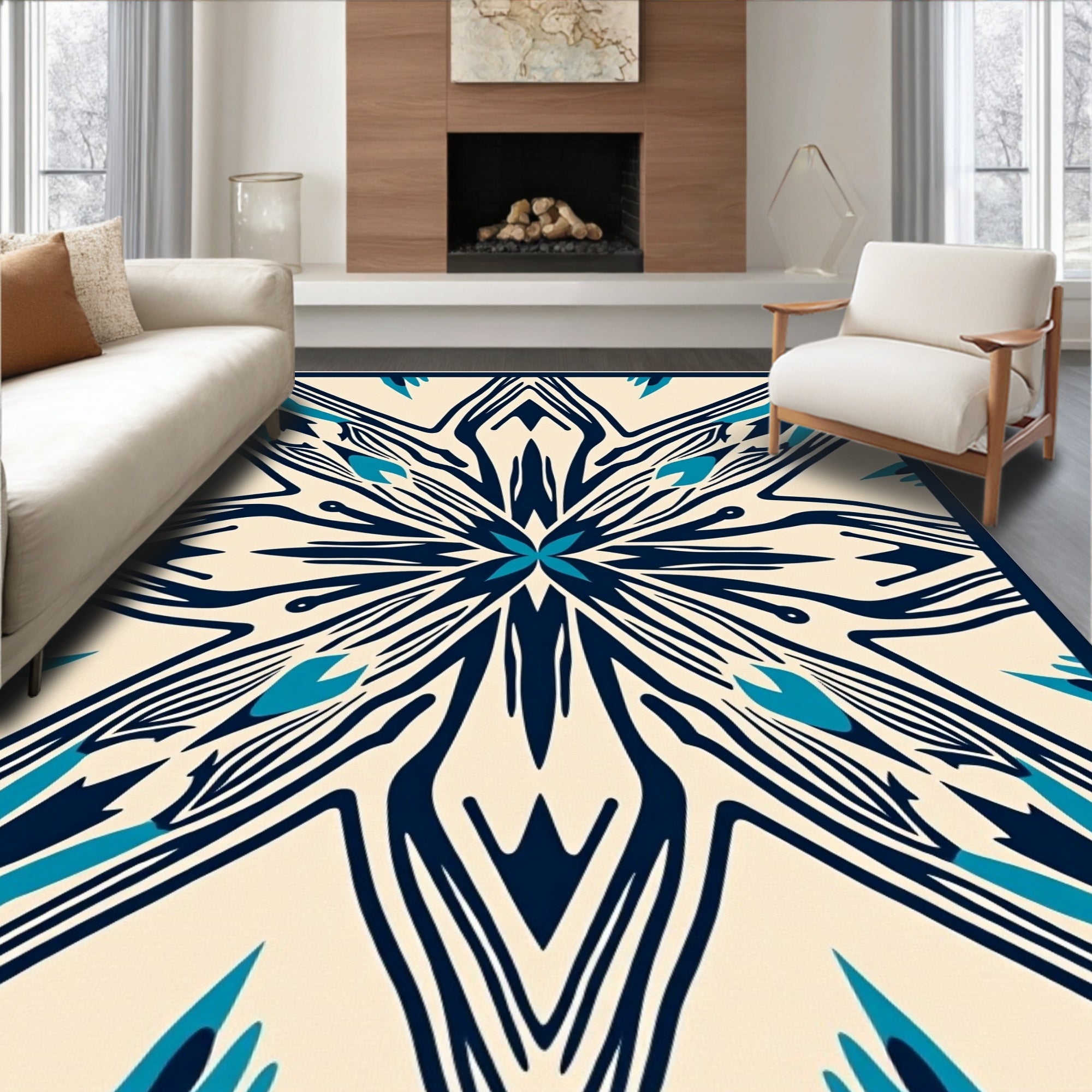 Cream and Navy Bloom Starburst Rug