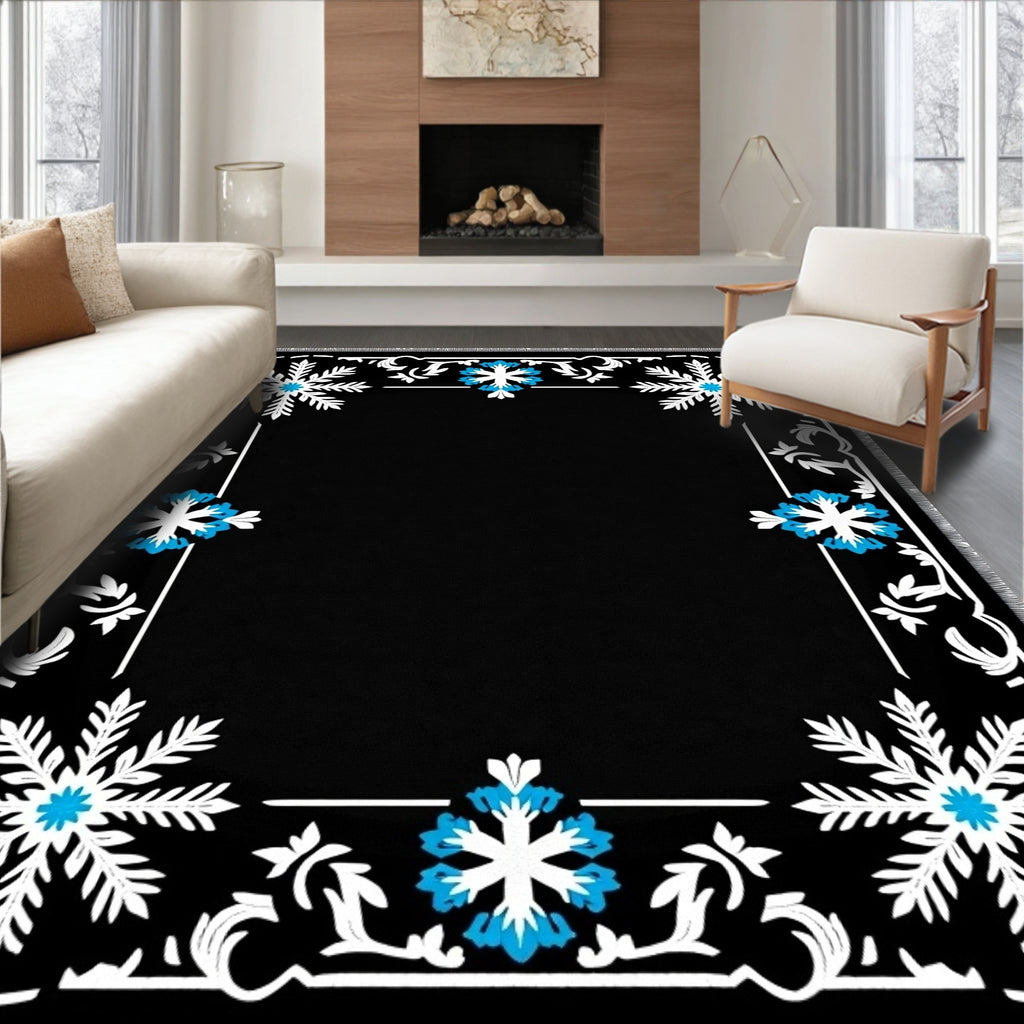 Winter Snowflake Floral Black Rug