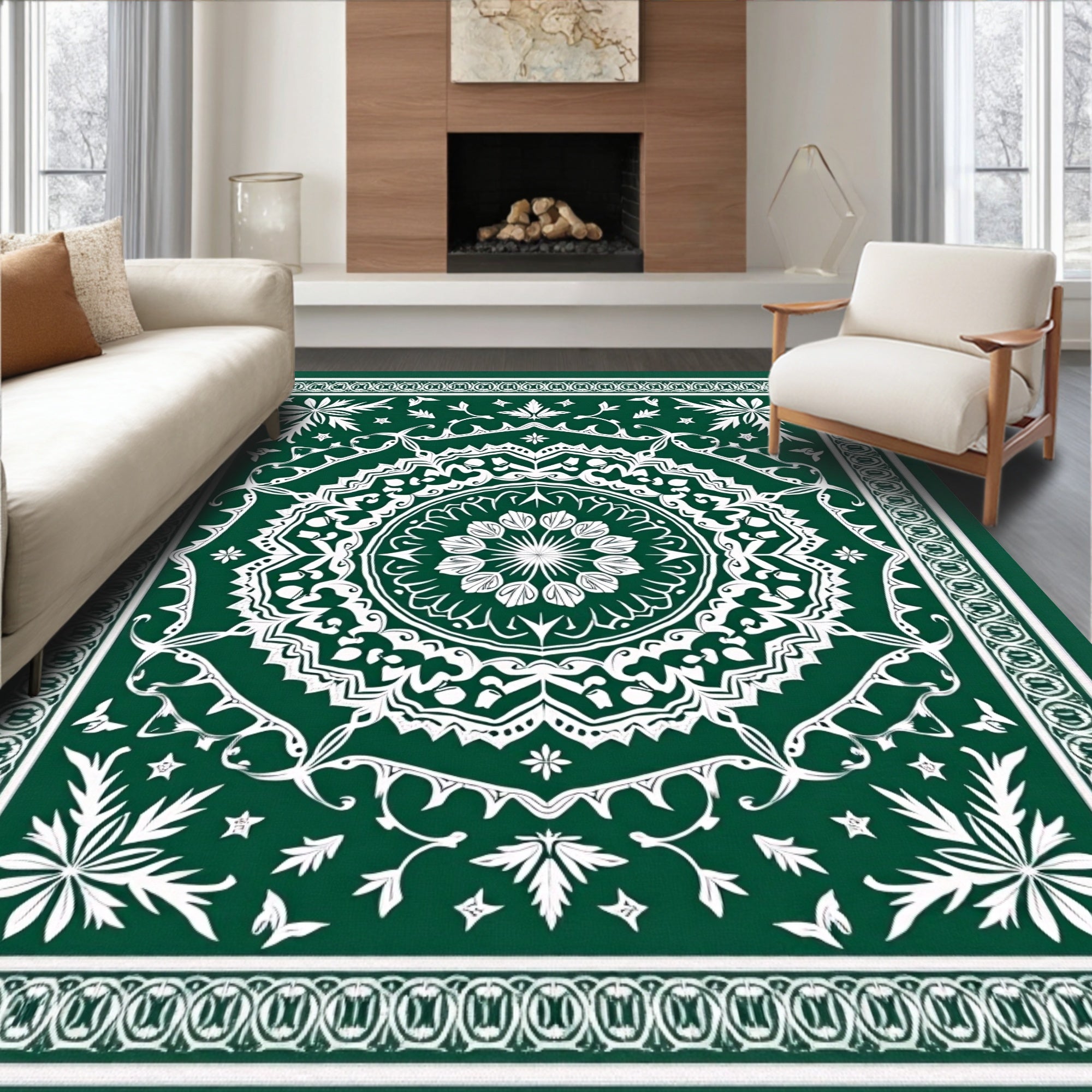 Deep Green Intricate Floral Mandala Rug