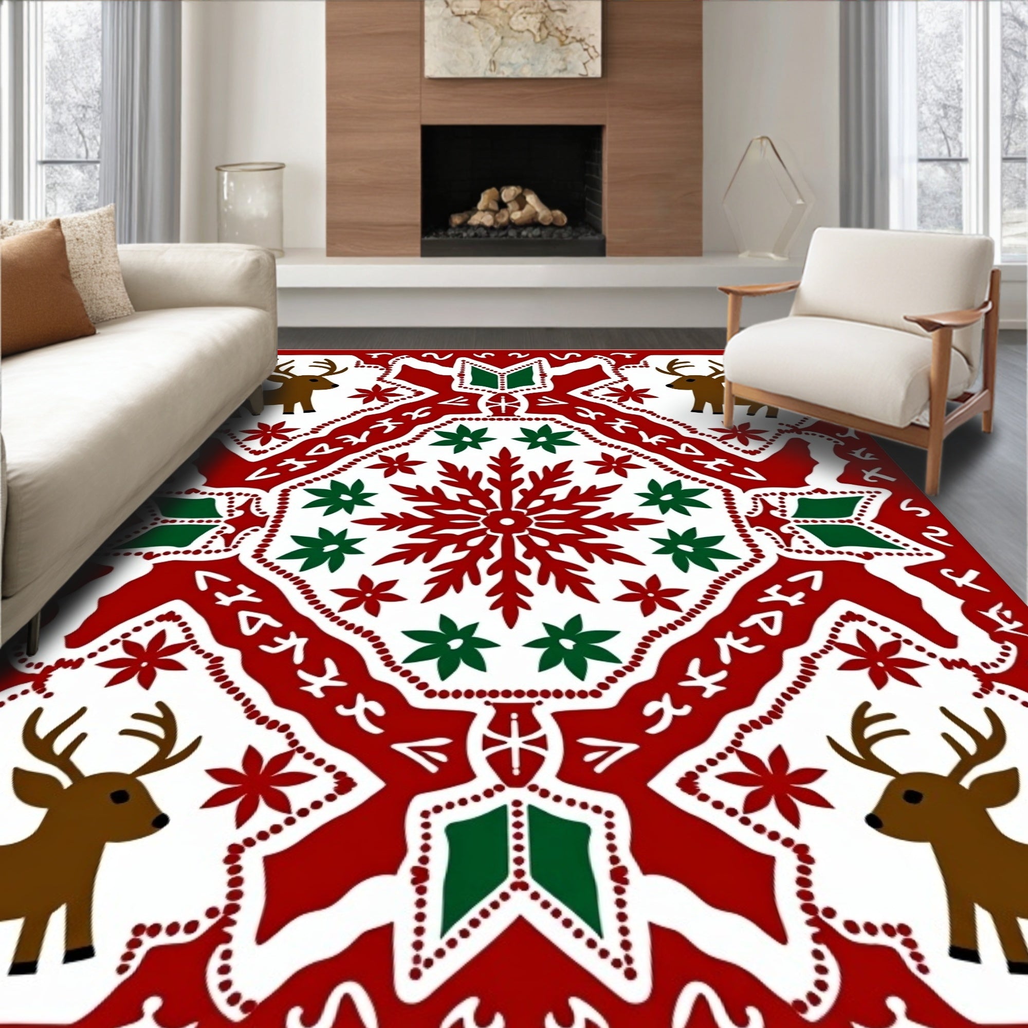 Red Christmas Reindeer Snowflake Border Rug