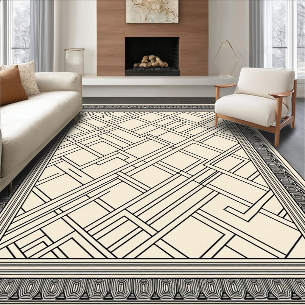Cream Black Geometric Deco Inlay Rug