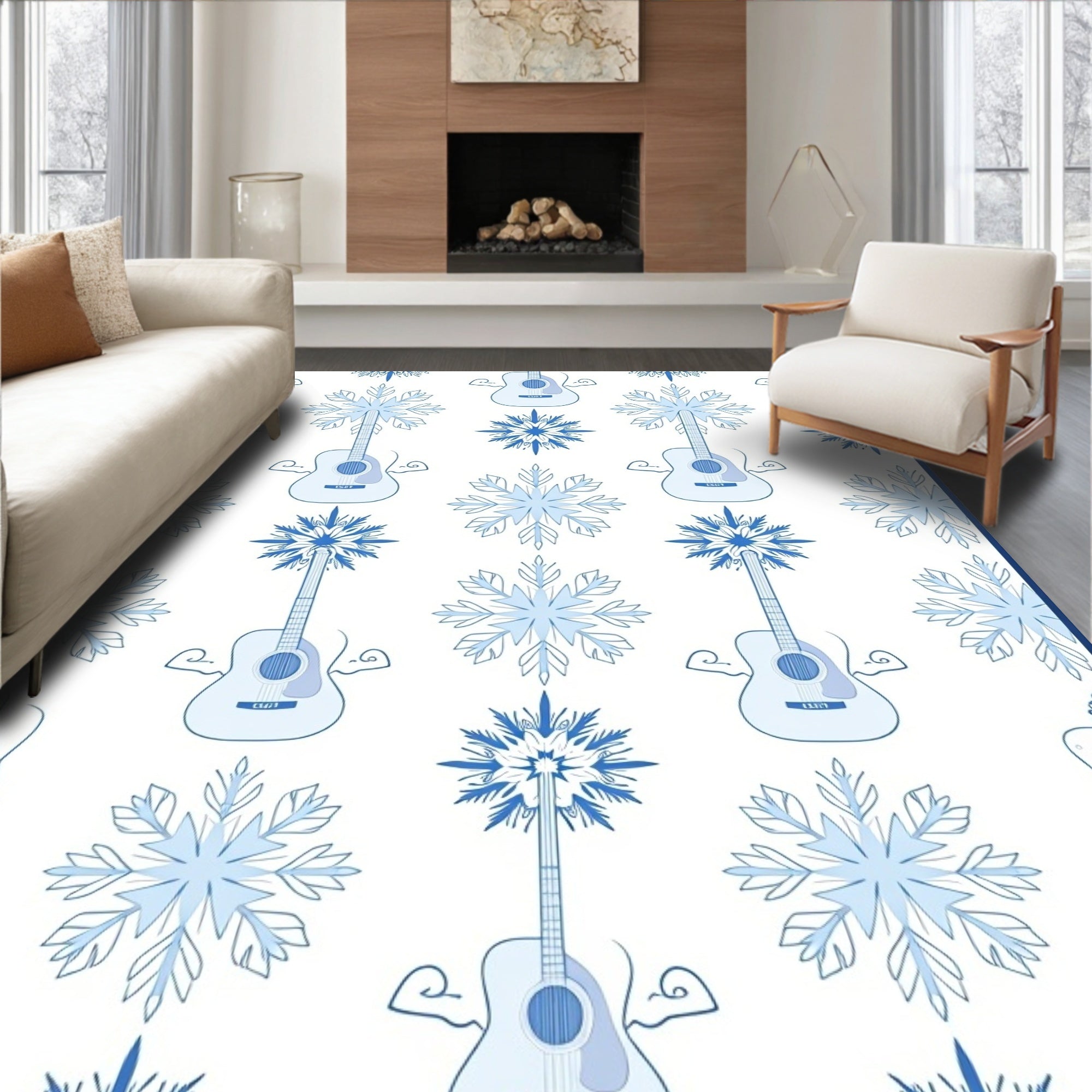 Cool Blue Guitar Snowflake Mosaic Rug